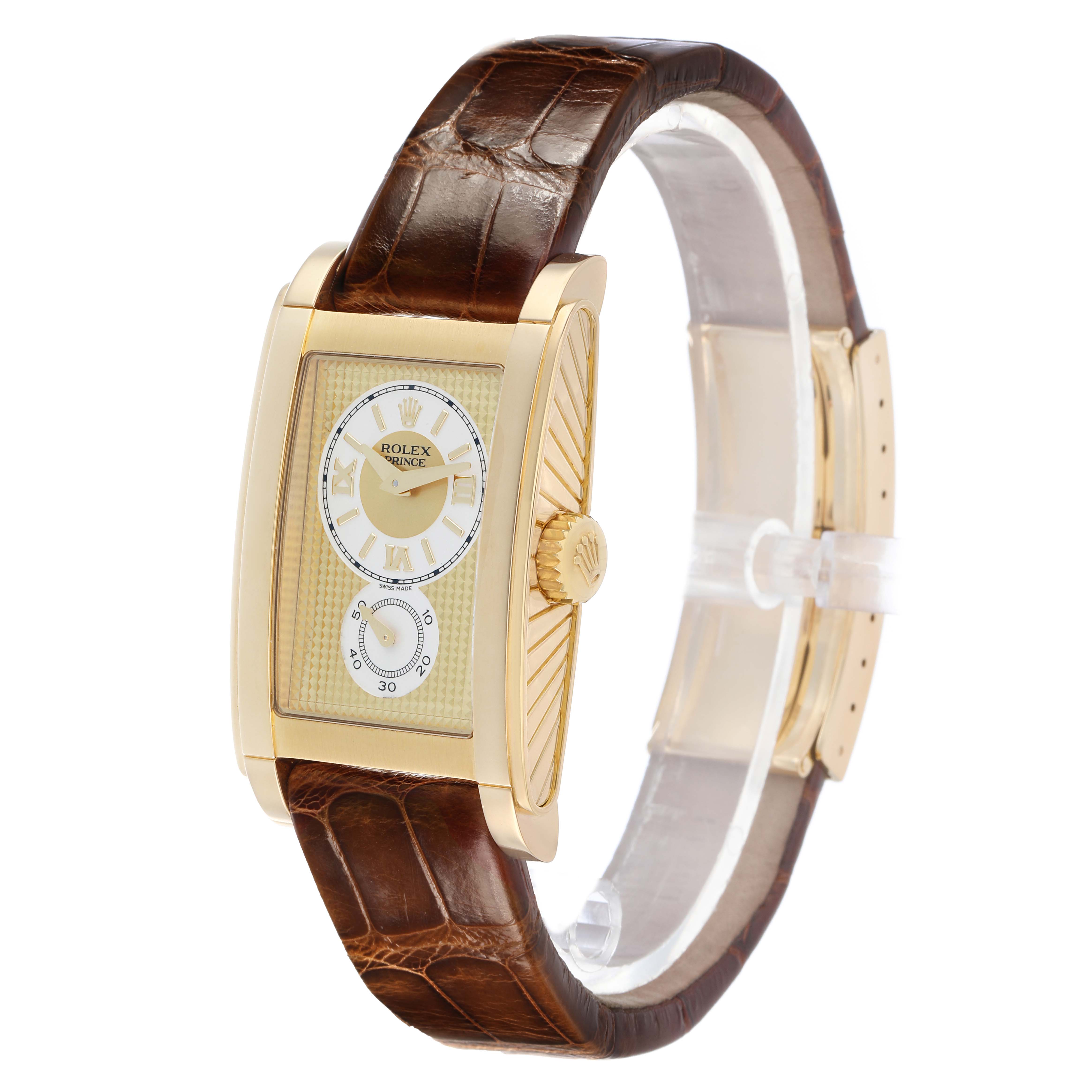 The Rolex Cellini 5440 Men's Yellow Gold Champagne Dial watch is angled to show its gold case, textured dial, and brown leather strap.