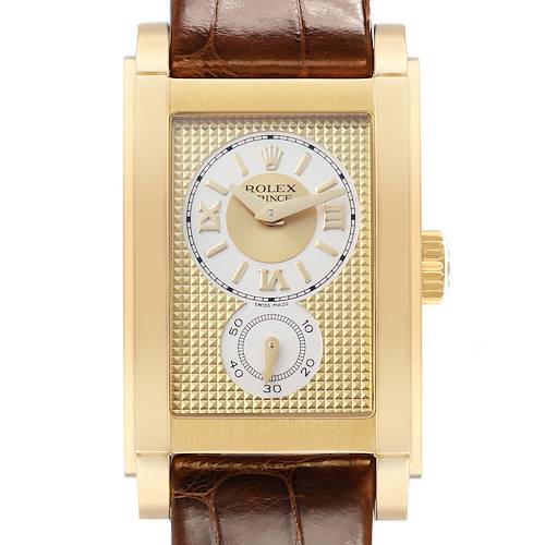 The Rolex Cellini 5440 Men's Yellow Gold Champagne Dial model is shown from a top view, displaying its rectangular face, gold case, and brown leather strap.