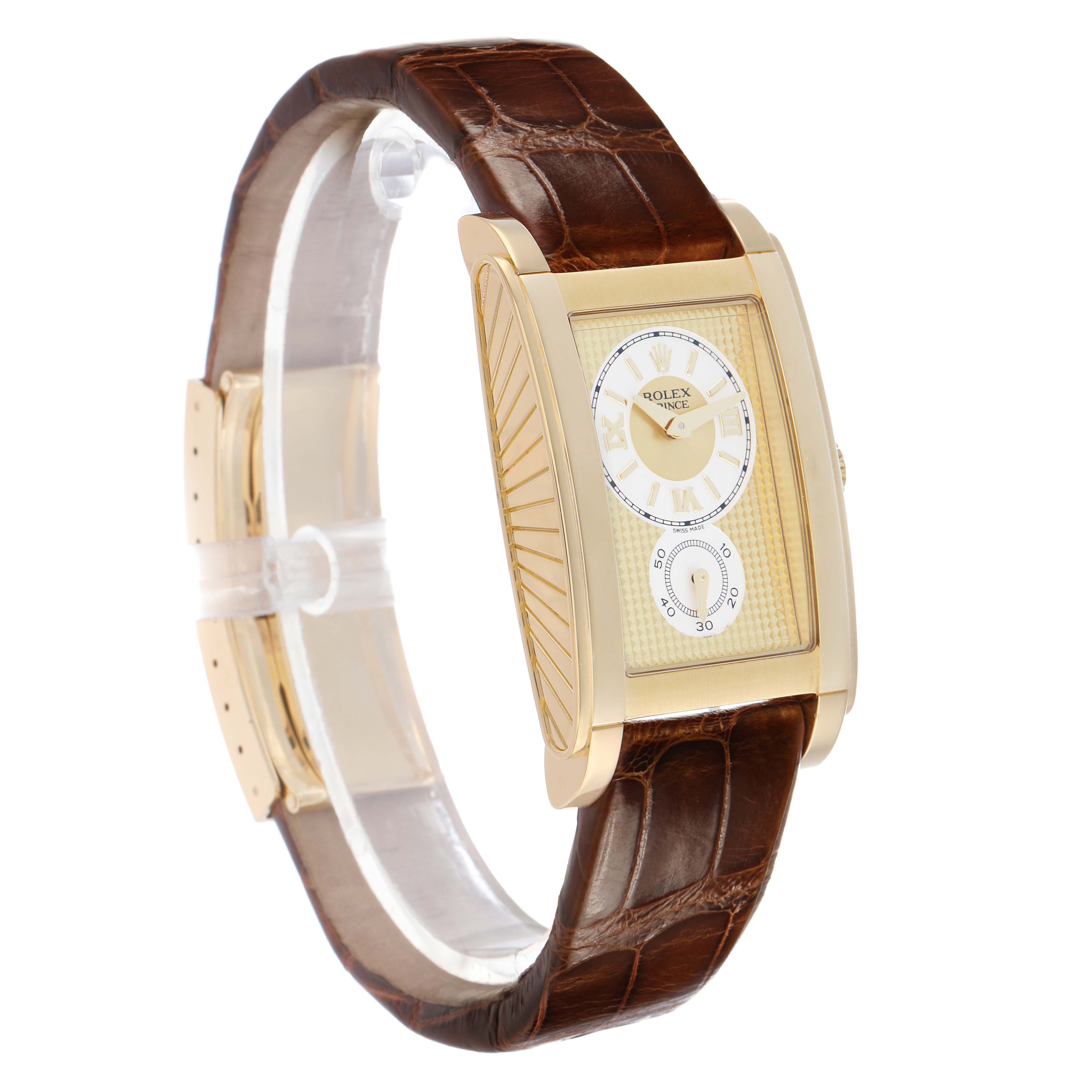 The Rolex Cellini 5440 Men's Yellow Gold Champagne Dial watch is shown at a slight angle, displaying its gold rectangular case, guilloché dial, and brown leather strap.