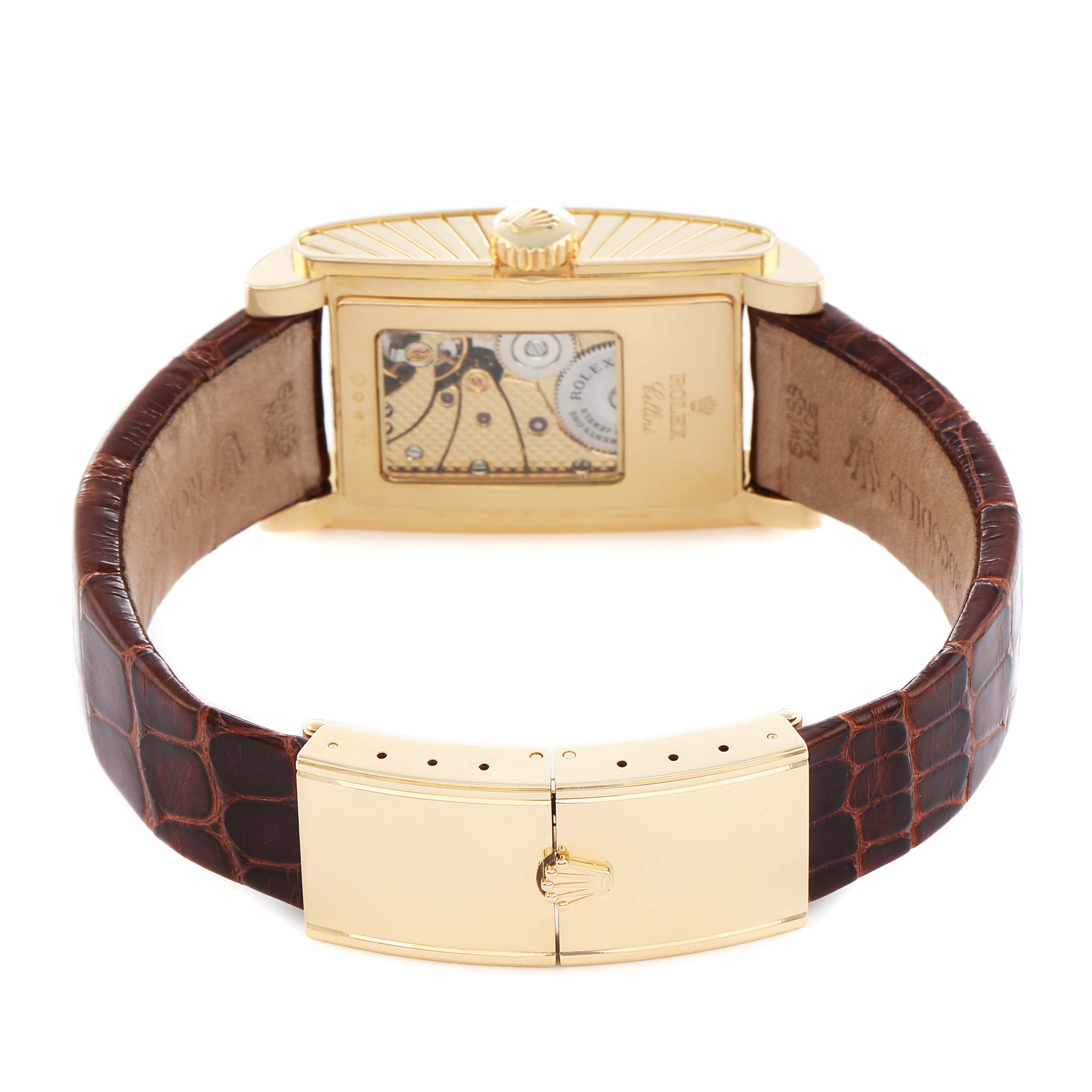 The image shows the back of a Rolex Cellini 5440 Men's Yellow Gold Champagne Dial watch, featuring its movement and brown leather strap with a gold clasp.