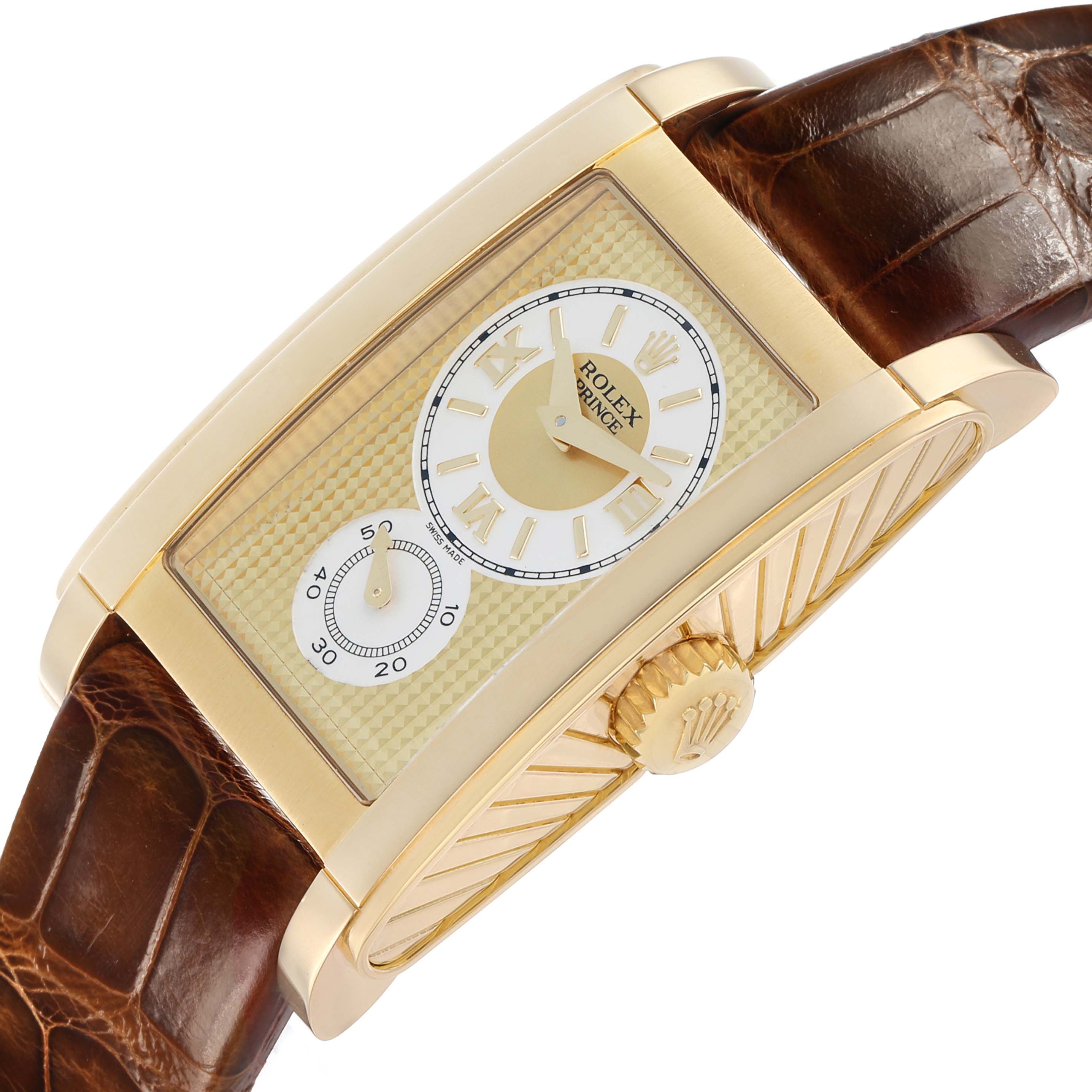The Rolex Cellini 5440 Men's Yellow Gold Champagne Dial watch is shown at an angled side view, highlighting the dial, crown, and brown leather strap.