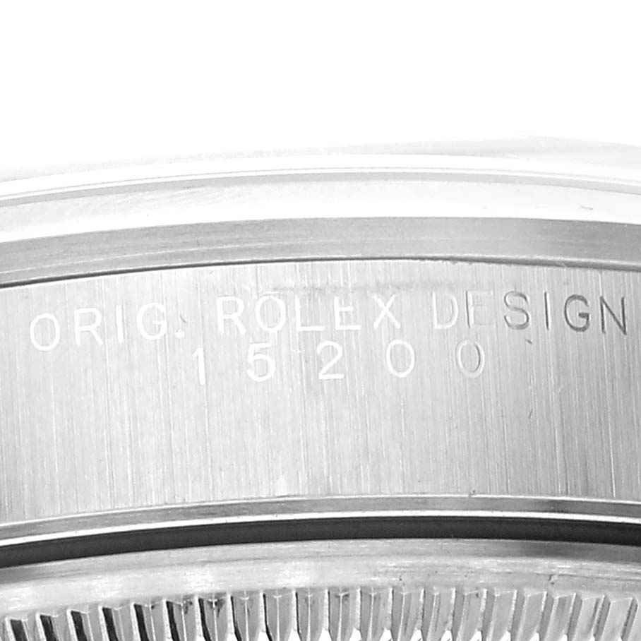 The image shows a close-up of the side engraving on a Rolex Date 15200 Men's Stainless Steel Black Dial 15200 Men's Stainless Steel Black Dial model, highlighting the "ROLEX DESIGN" and model number inscription.