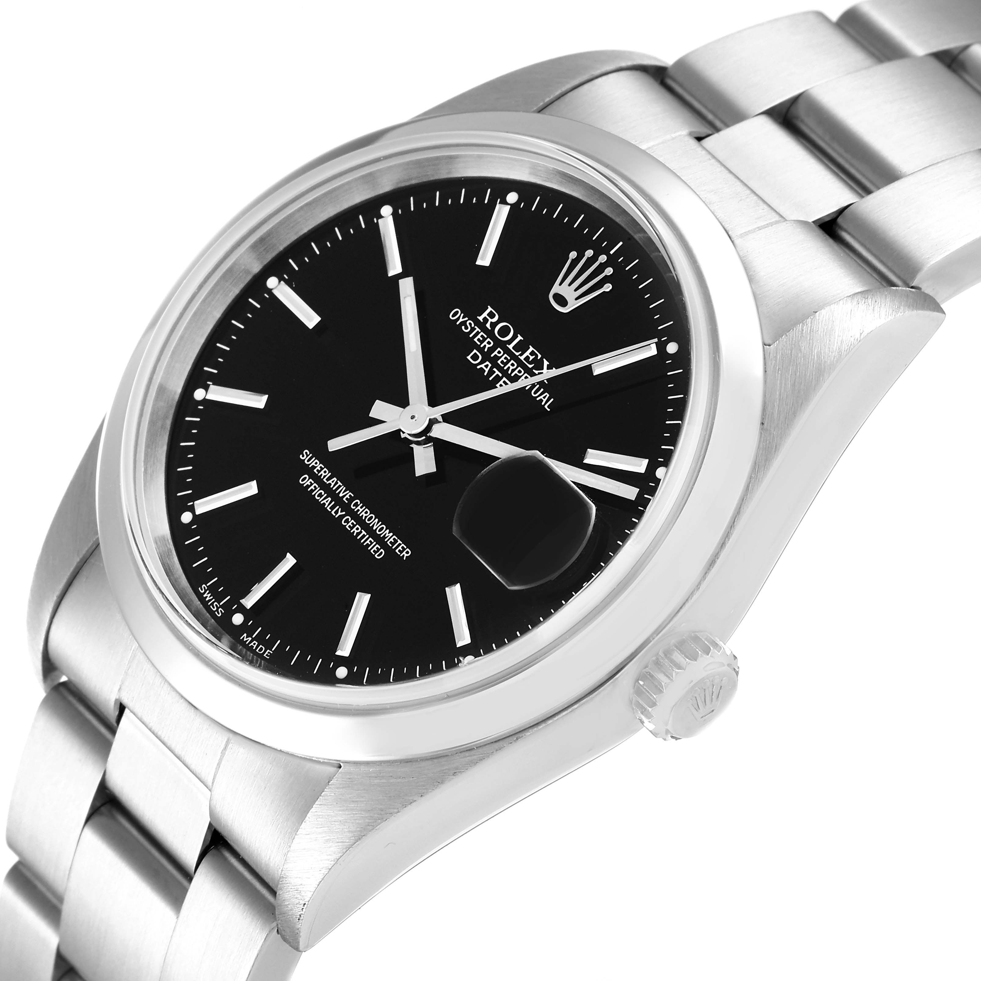 The image shows a close-up angled view of the Rolex Date 15200 Men's Stainless Steel Black Dial 15200 Men's Stainless Steel Black Dial model, highlighting the dial, bezel, and bracelet.