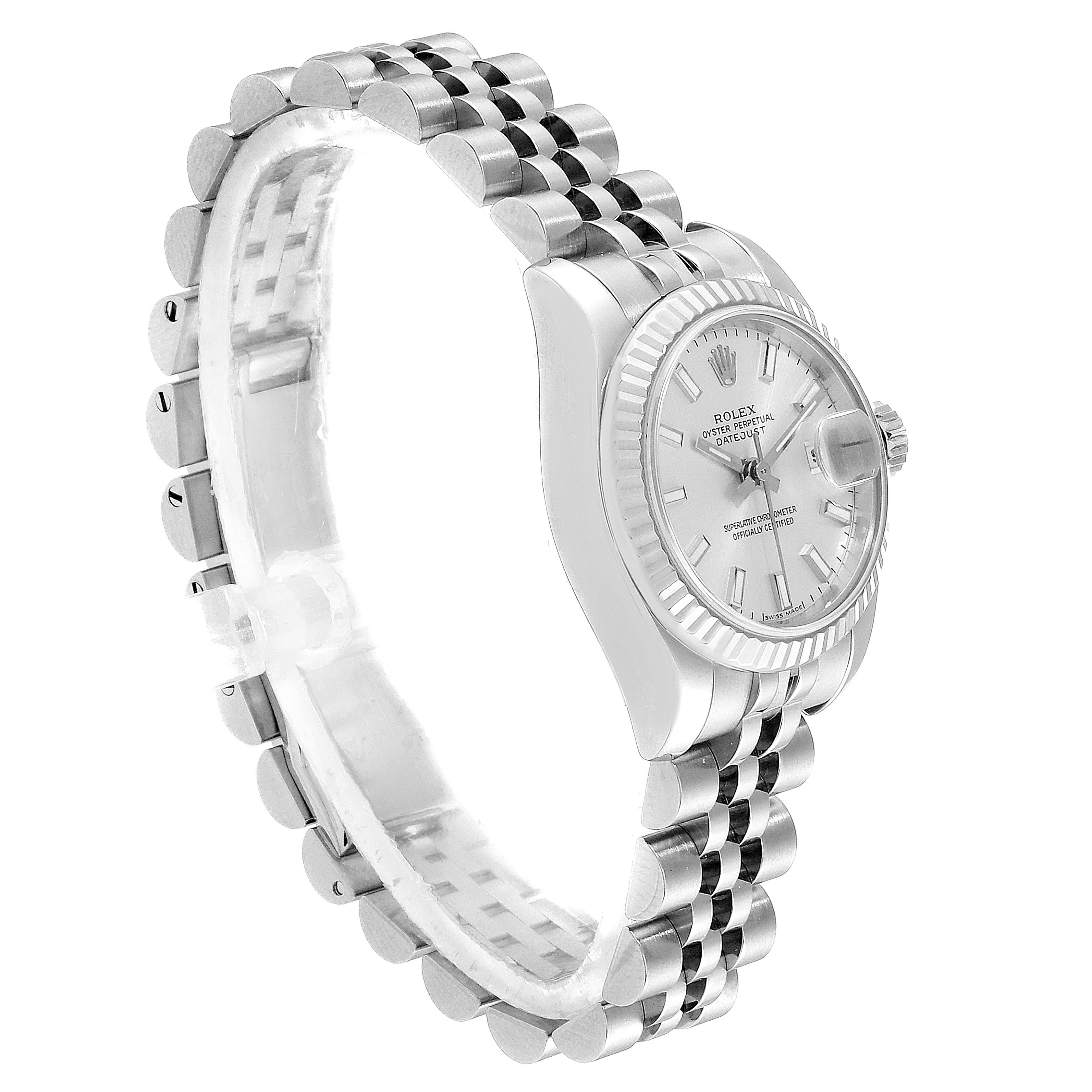 This image shows a side angle of a Rolex Datejust 179174 Women's Steel and Gold (two tone) Silver Dial 179174 Women's Steel and Gold (two tone) Silver Dial watch, highlighting its face, bezel, and Jubilee bracelet.