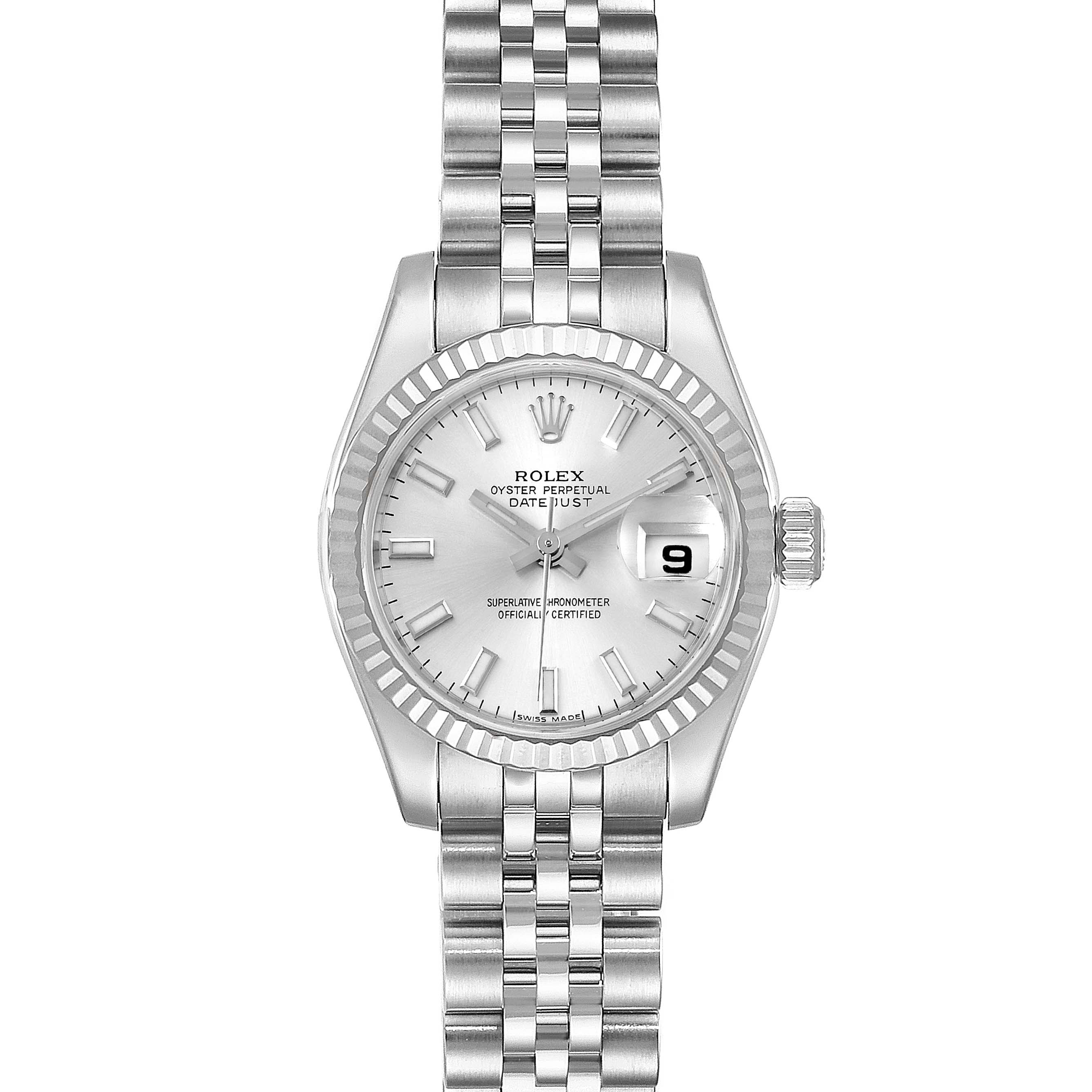 The Rolex Datejust 179174 Women's Steel and Gold (two tone) Silver Dial 179174 Women's Steel and Gold (two tone) Silver Dial watch is shown from the front, displaying the silver dial, bezel, hands, date window, and bracelet.