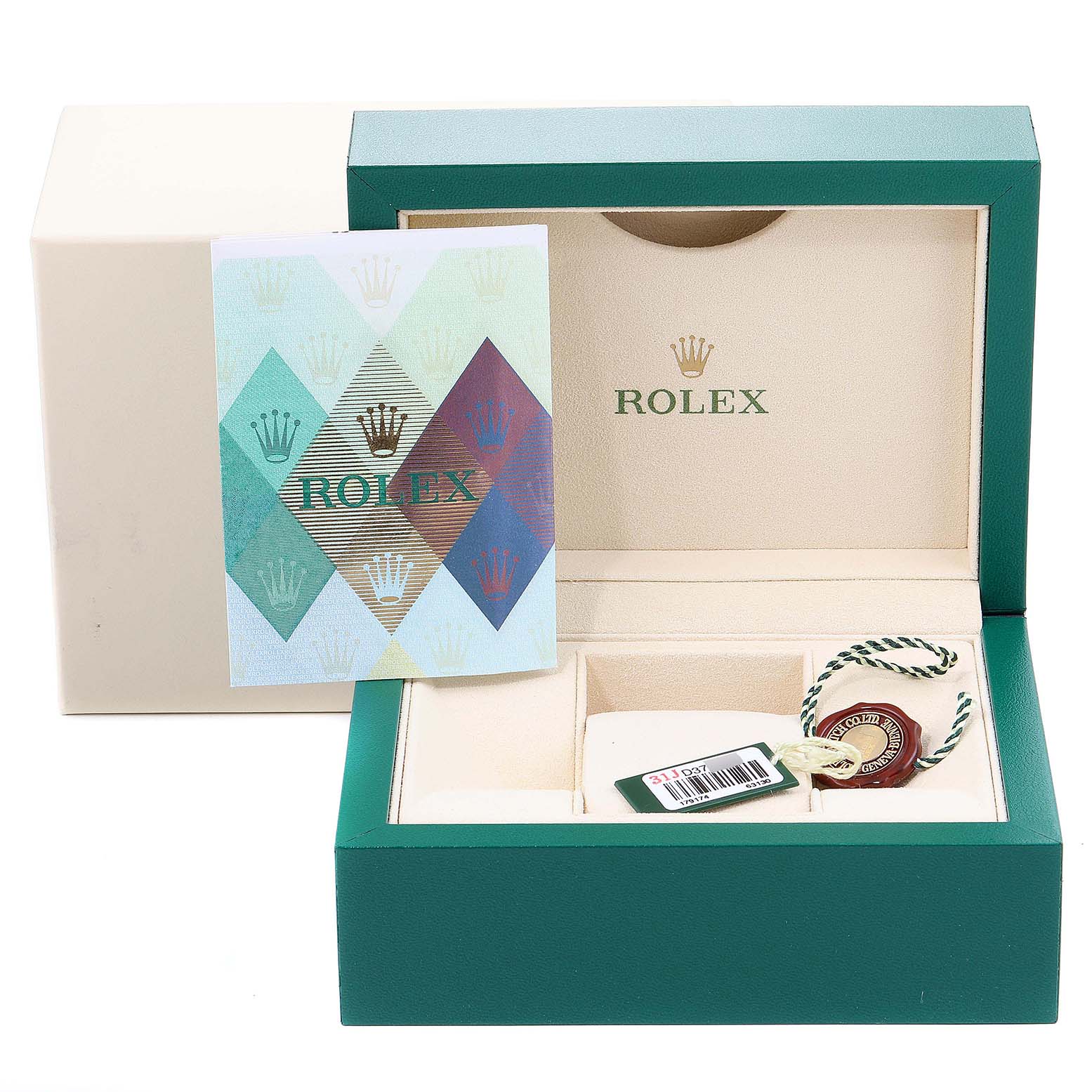 The image shows the open box for a Rolex Datejust 179174 Women's Steel and Gold (two tone) Silver Dial 179174 Women's Steel and Gold (two tone) Silver Dial watch, including the warranty card and tag.