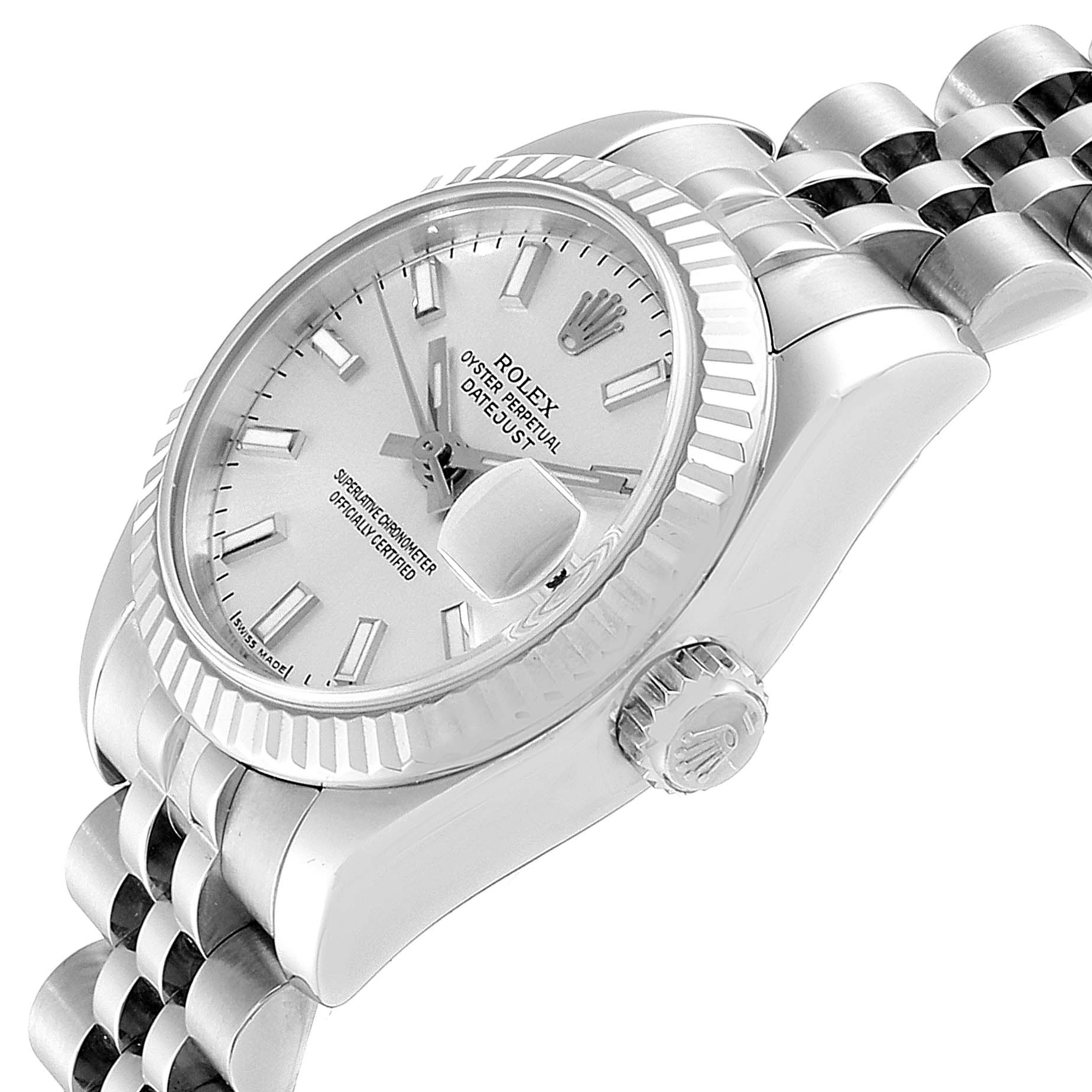 The image shows a side angle of the Rolex Datejust 179174 Women's Steel and Gold (two tone) Silver Dial 179174 Women's Steel and Gold (two tone) Silver Dial watch, highlighting the dial, bezel, crown, and part of the bracelet.