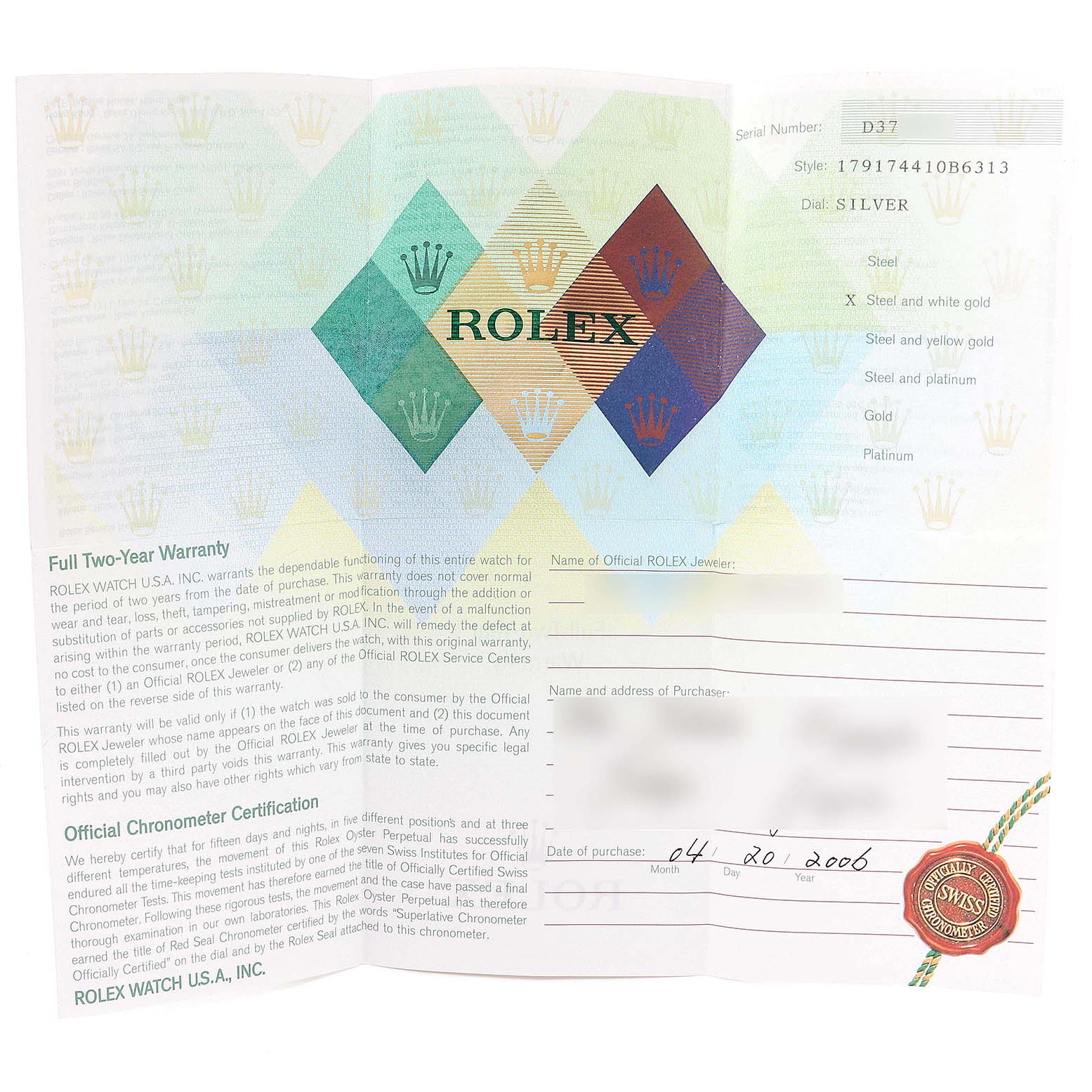 This image shows the warranty and certification paperwork for the Rolex Datejust 179174 Women's Steel and Gold (two tone) Silver Dial 179174 Women's Steel and Gold (two tone) Silver Dial model.