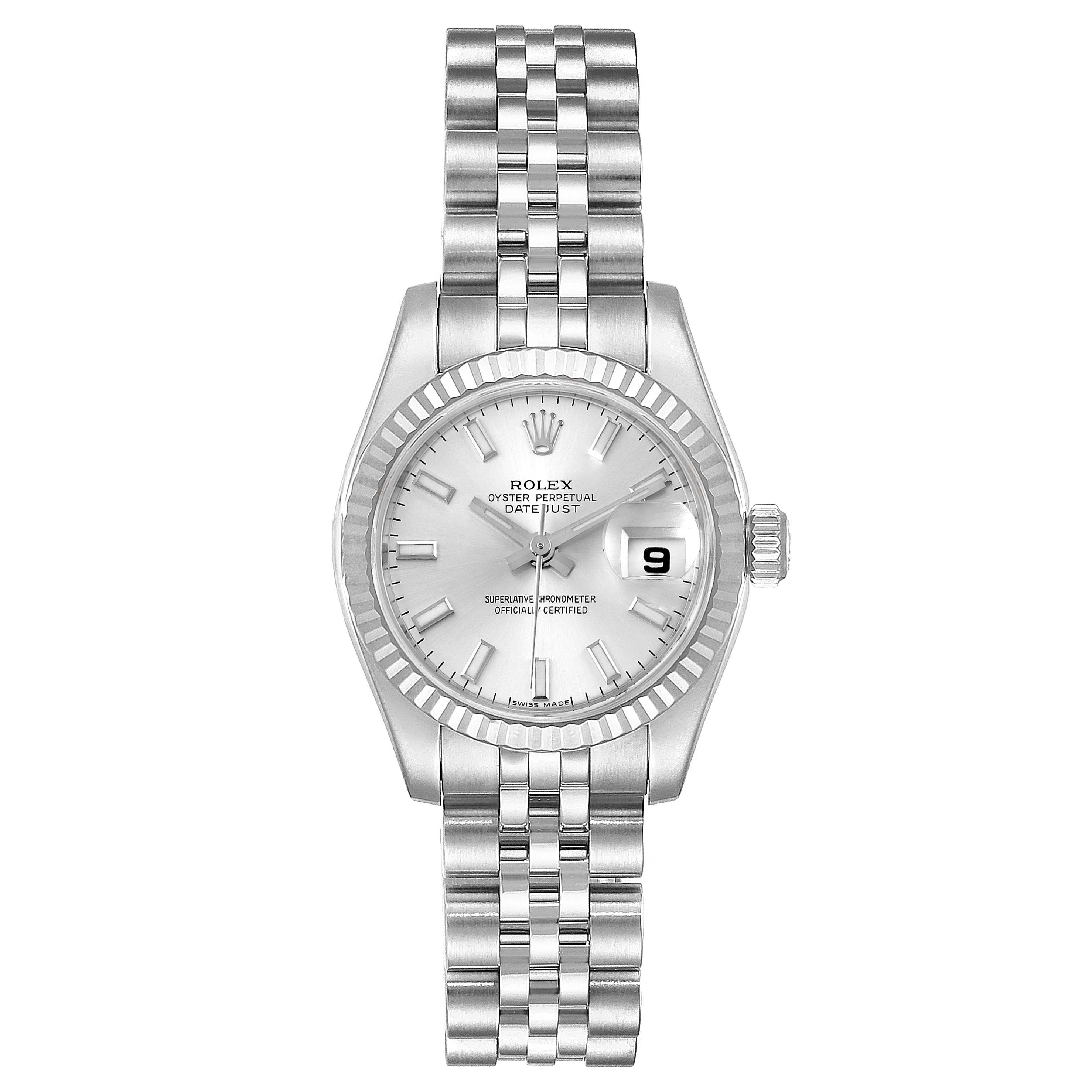 This image shows a front-on view of a Rolex Datejust 179174 Women's Steel and Gold (two tone) Silver Dial 179174 Women's Steel and Gold (two tone) Silver Dial watch, displaying its face, bezel, and bracelet.