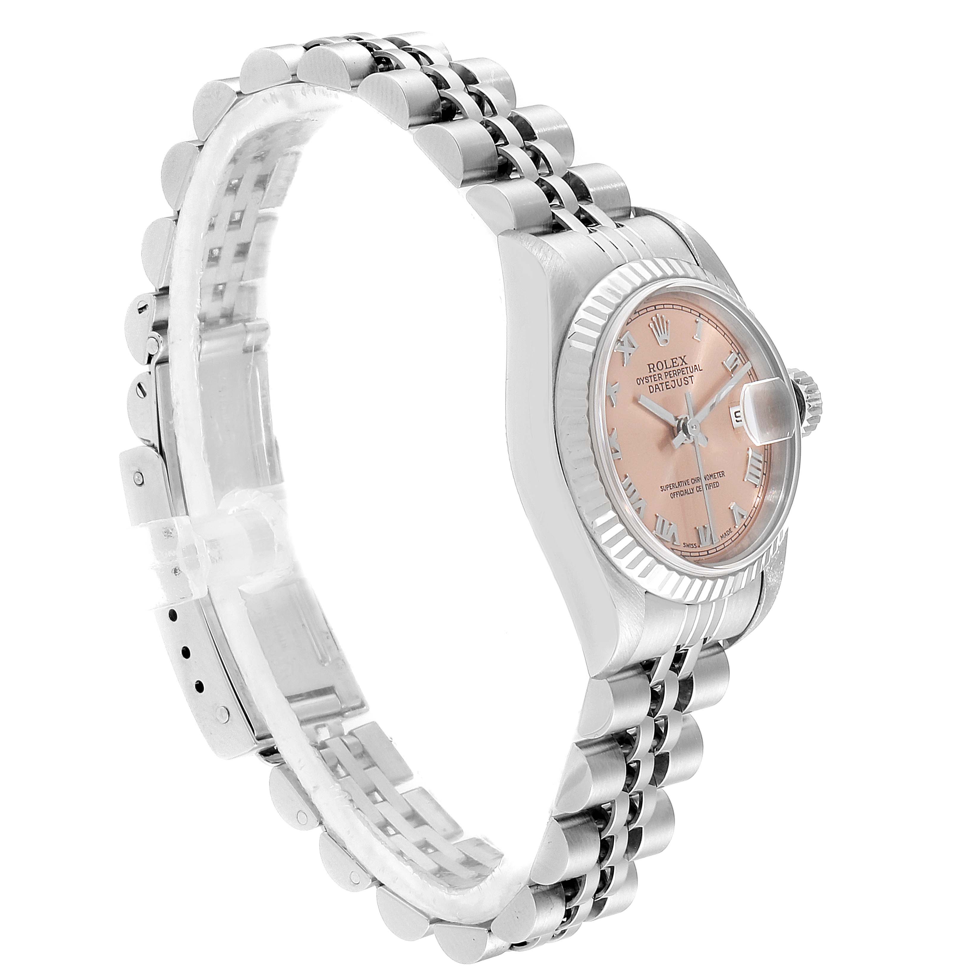 This side-angle view of the Rolex Datejust 79174 Women's Stainless Steel Pink Dial 79174 Women's Stainless Steel Pink Dial watch shows the dial, bezel, crown, and part of the bracelet.