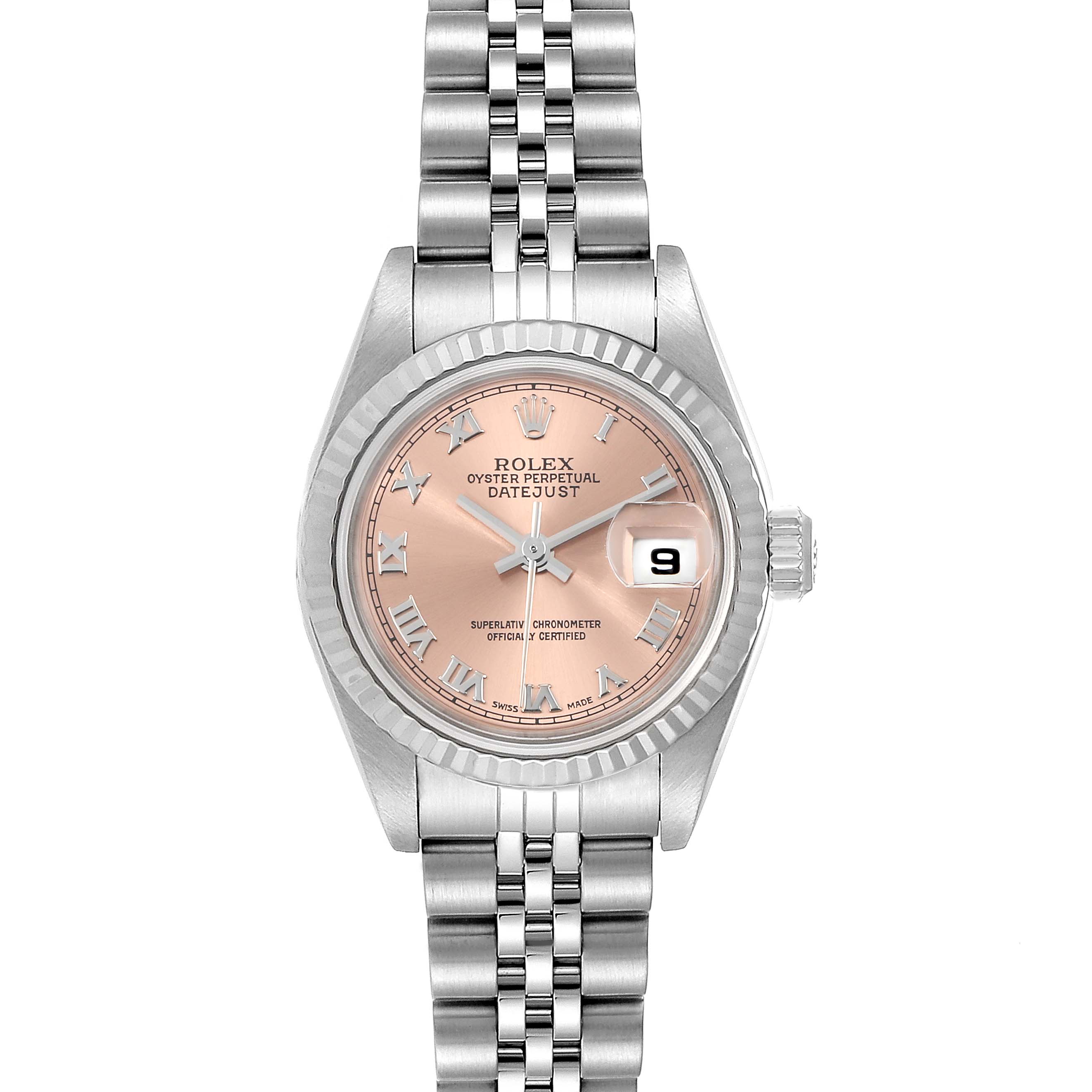 This image displays a Rolex Datejust 79174 Women's Stainless Steel Pink Dial 79174 Women's Stainless Steel Pink Dial watch from a top-down angle, showcasing its face, bezel, and bracelet.