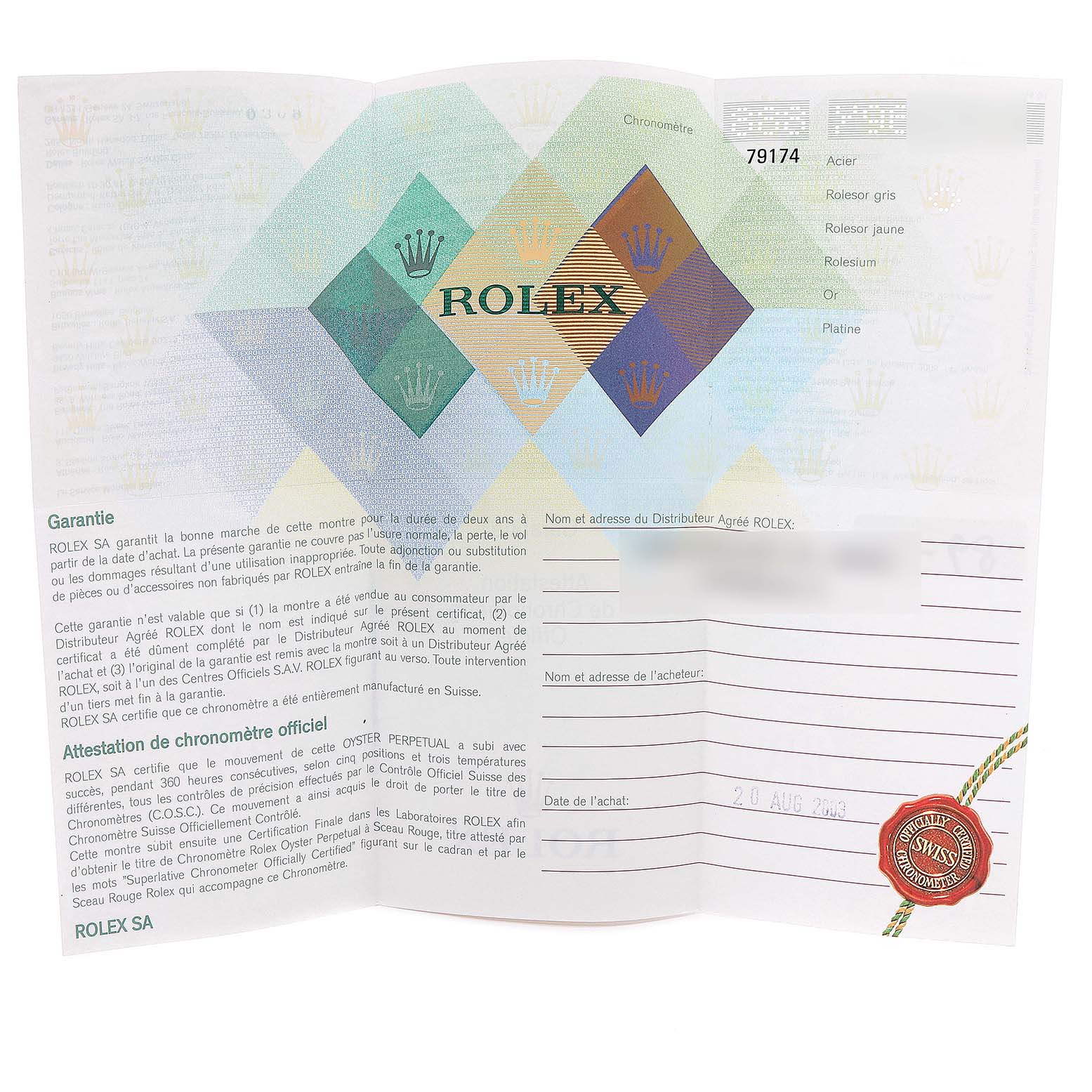 The image shows the warranty card and documents for the Rolex Datejust 79174 Women's Stainless Steel Pink Dial 79174 Women's Stainless Steel Pink Dial model, with details and the official Rolex logo.