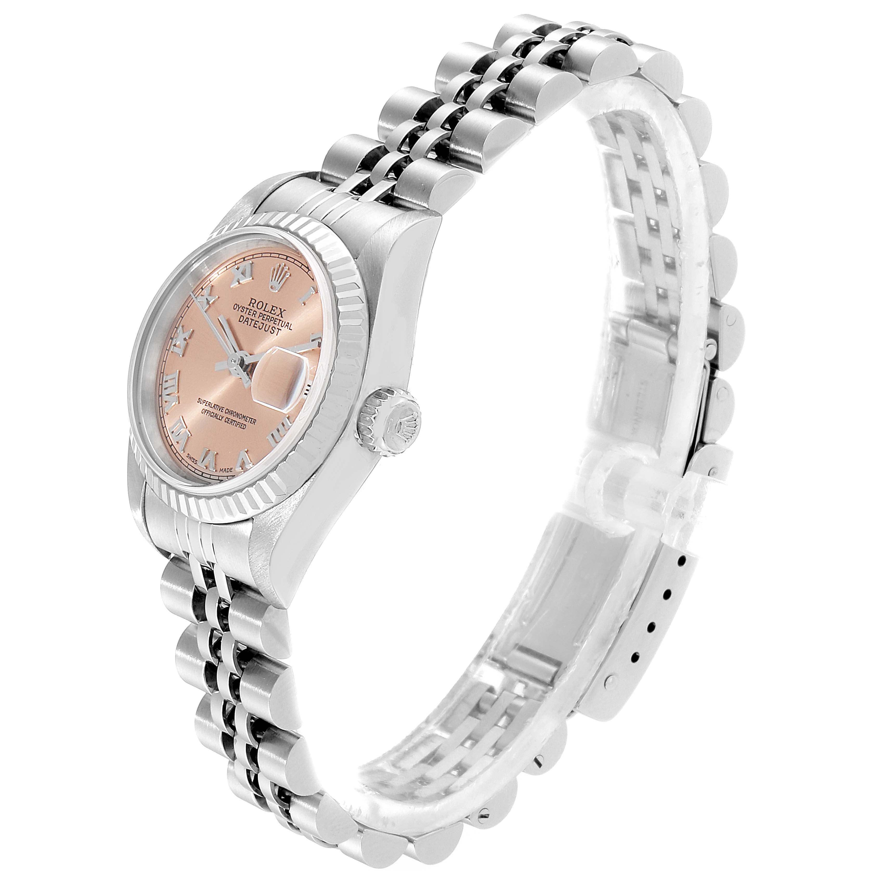 This Rolex Datejust 79174 Women's Stainless Steel Pink Dial 79174 Women's Stainless Steel Pink Dial watch is shown at a three-quarter angle displaying the dial, case, crown, and part of the bracelet.