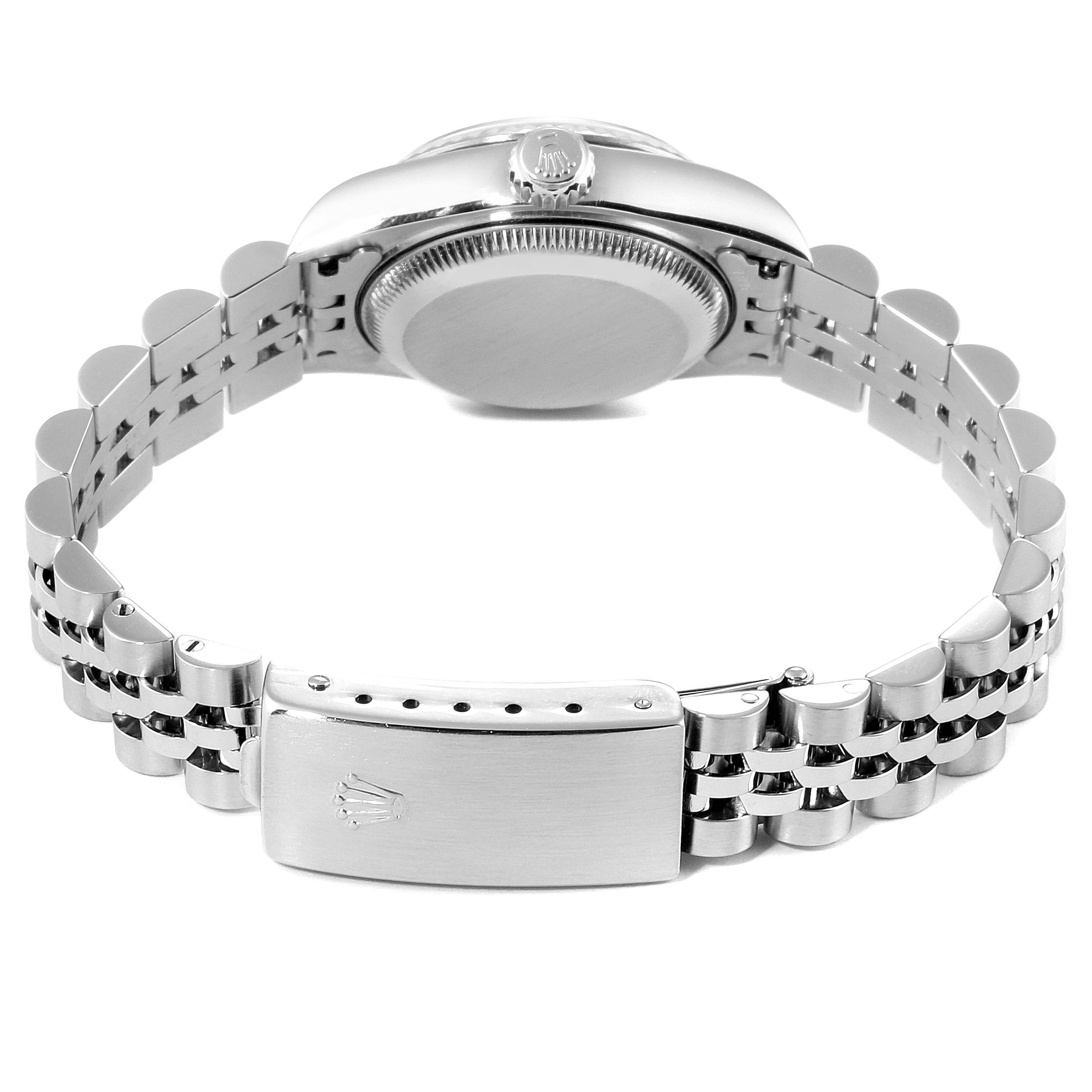 This image shows the back view of a Rolex Datejust 79174 Women's Stainless Steel Pink Dial 79174 Women's Stainless Steel Pink Dial watch with emphasis on the bracelet and clasp.