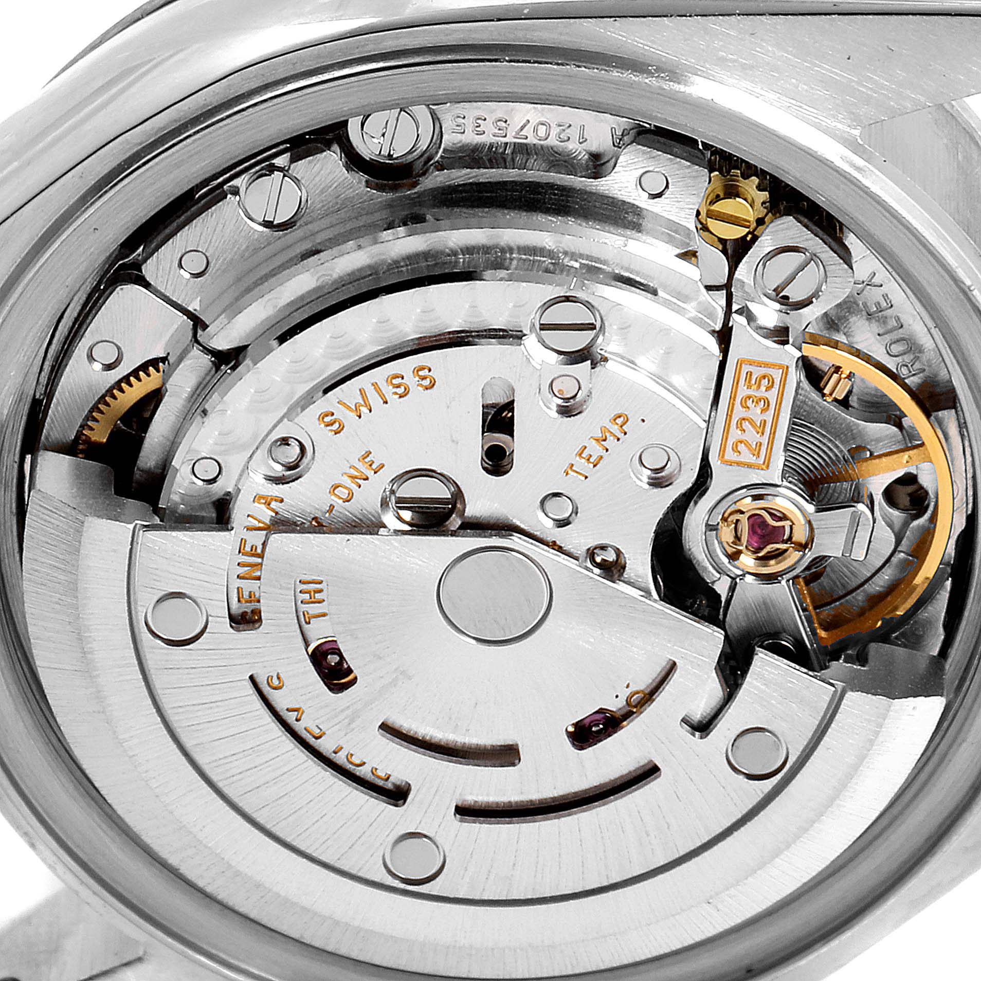 This image shows the intricate inner mechanism and movement of a Rolex Datejust 79174 Women's Stainless Steel Pink Dial 79174 Women's Stainless Steel Pink Dial watch.