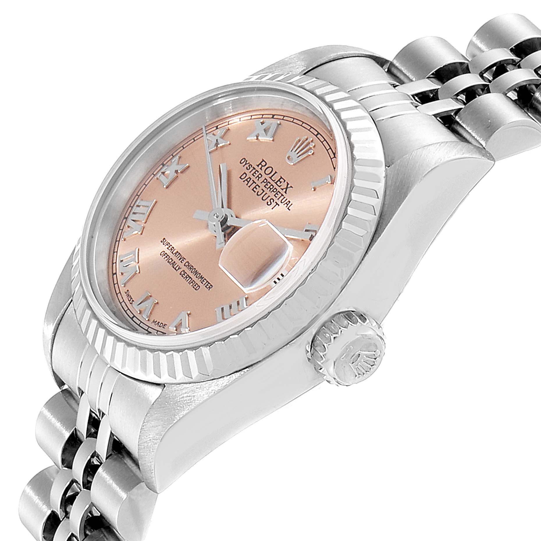 This image shows a close-up side angle of the Rolex Datejust 79174 Women's Stainless Steel Pink Dial 79174 Women's Stainless Steel Pink Dial, highlighting the crown, bezel, dial, and bracelet.