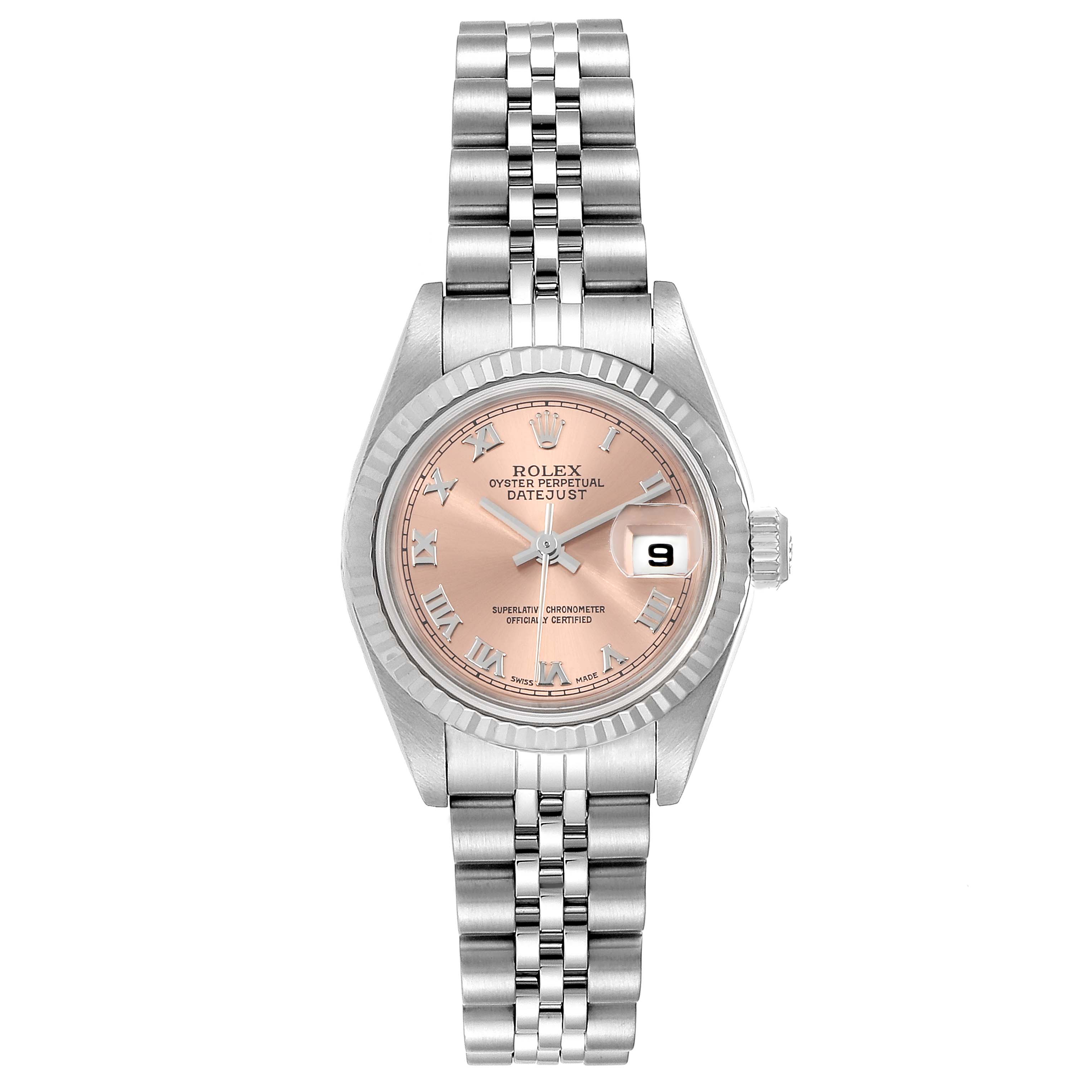 The image shows a Rolex Datejust 79174 Women's Stainless Steel Pink Dial 79174 Women's Stainless Steel Pink Dial watch from a front angle, highlighting the dial, bezel, and bracelet.
