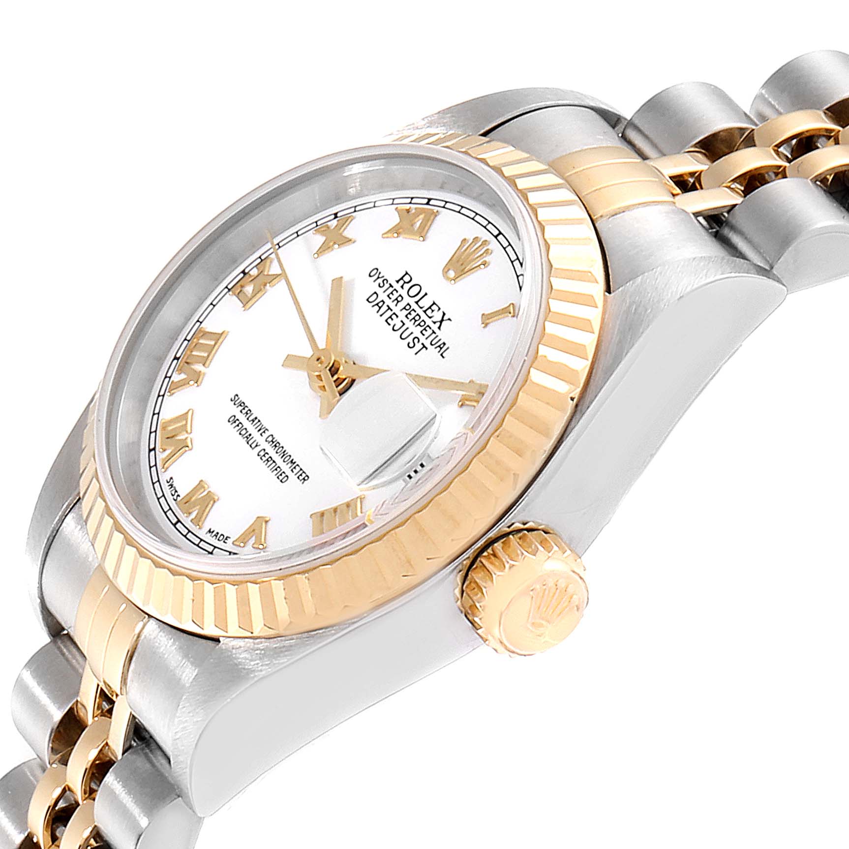 The image shows a side angle of the Rolex Datejust 79173 Women's Steel and Gold (two tone) White Dial 79173 Women's Steel and Gold (two tone) White Dial watch, highlighting the crown, partially the dial, and the bracelet.