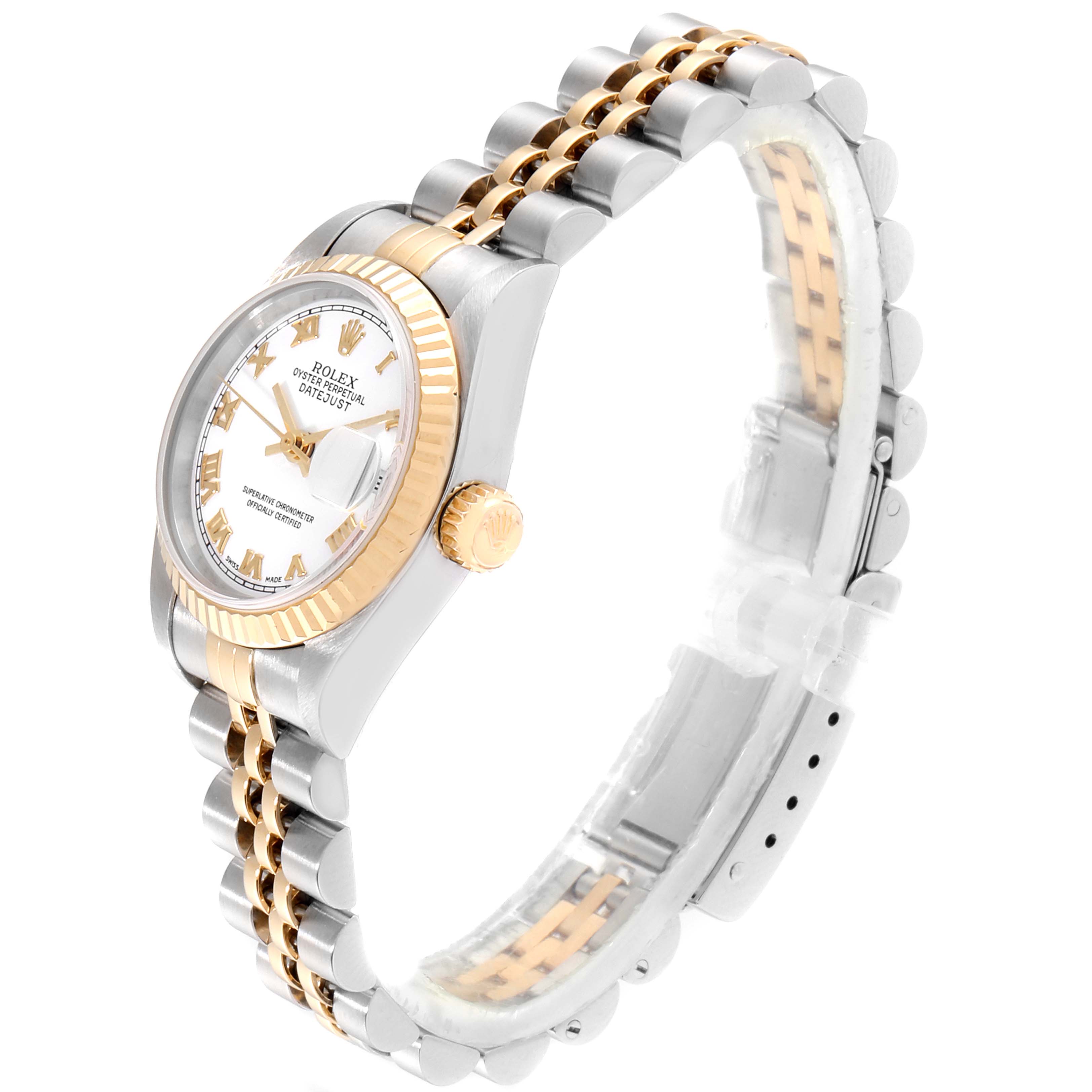 This image shows a Rolex Datejust 79173 Women's Steel and Gold (two tone) White Dial 79173 Women's Steel and Gold (two tone) White Dial watch at an oblique angle, highlighting the face, bezel, crown, and part of the bracelet.