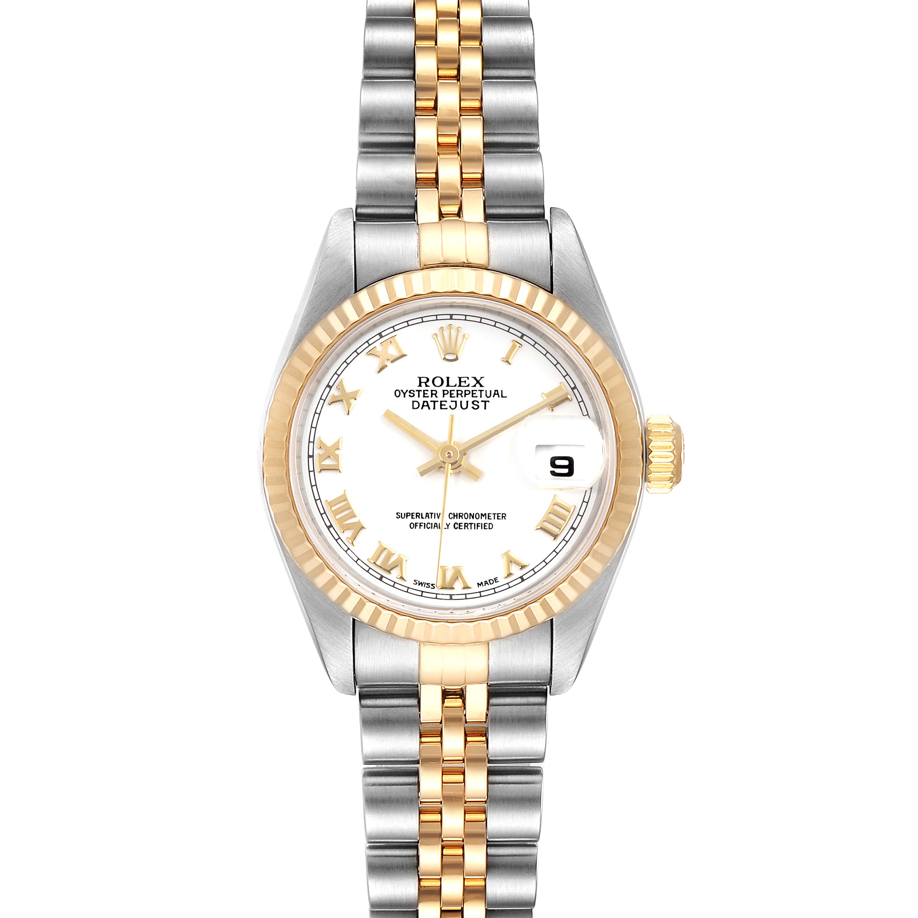 The image shows a front view of a Rolex Datejust 79173 Women's Steel and Gold (two tone) White Dial 79173 Women's Steel and Gold (two tone) White Dial watch, highlighting the face, bezel, and bracelet.