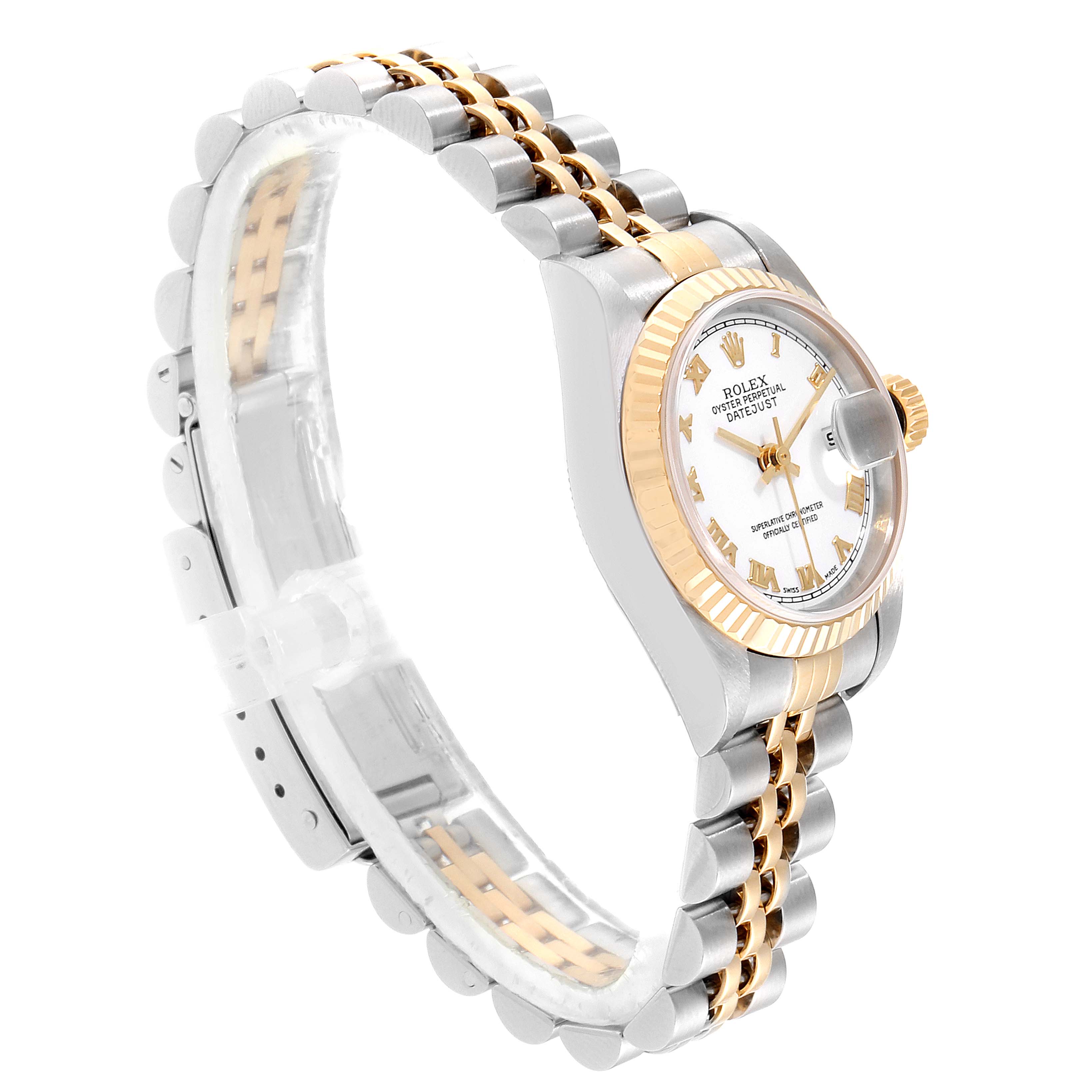 The image shows a side view of a Rolex Datejust 79173 Women's Steel and Gold (two tone) White Dial 79173 Women's Steel and Gold (two tone) White Dial watch, highlighting the bracelet, bezel, and face.
