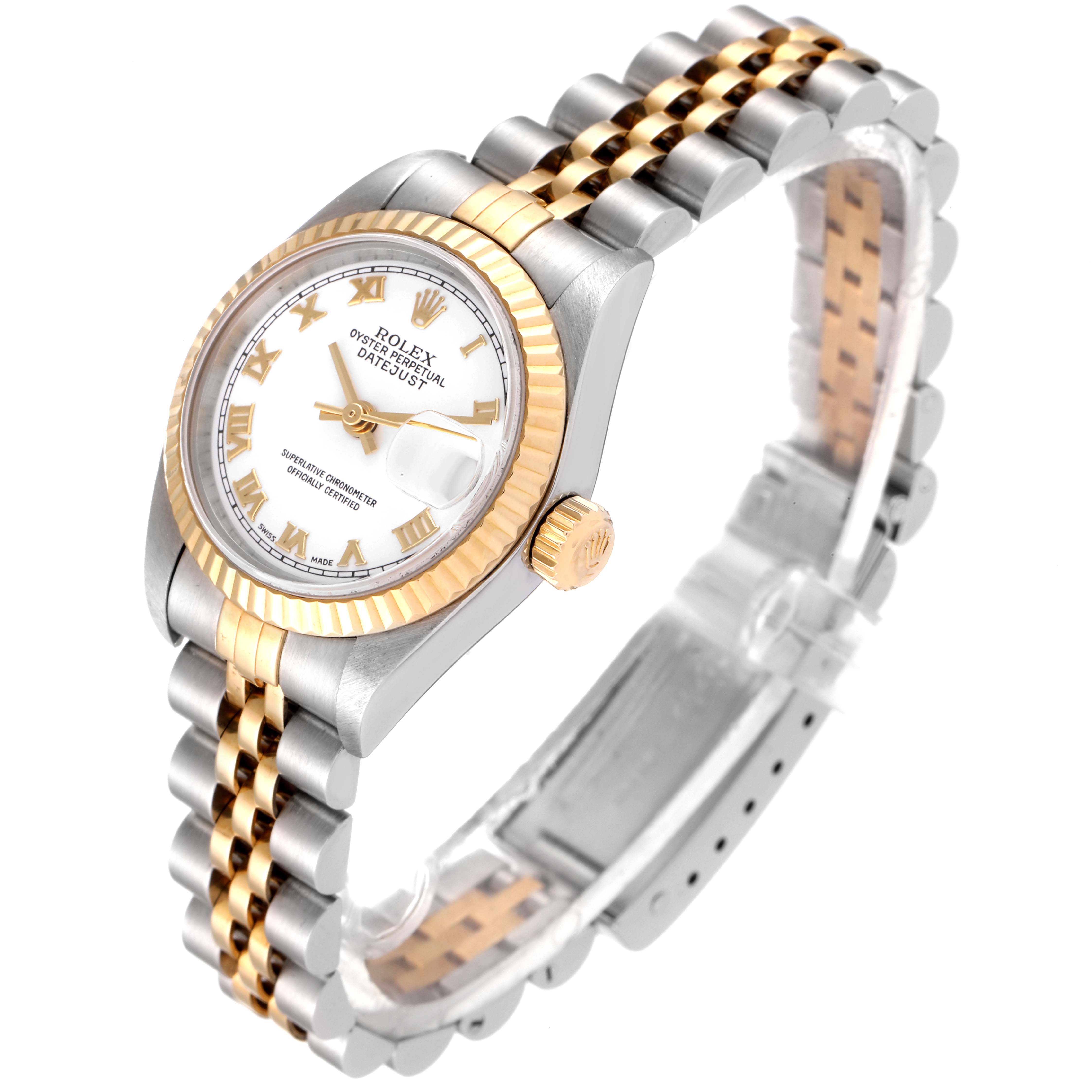 This image shows a Rolex Datejust 79173 Women's Steel and Gold (two tone) White Dial 79173 Women's Steel and Gold (two tone) White Dial watch at a three-quarter angle, highlighting its two-tone bracelet and dial.