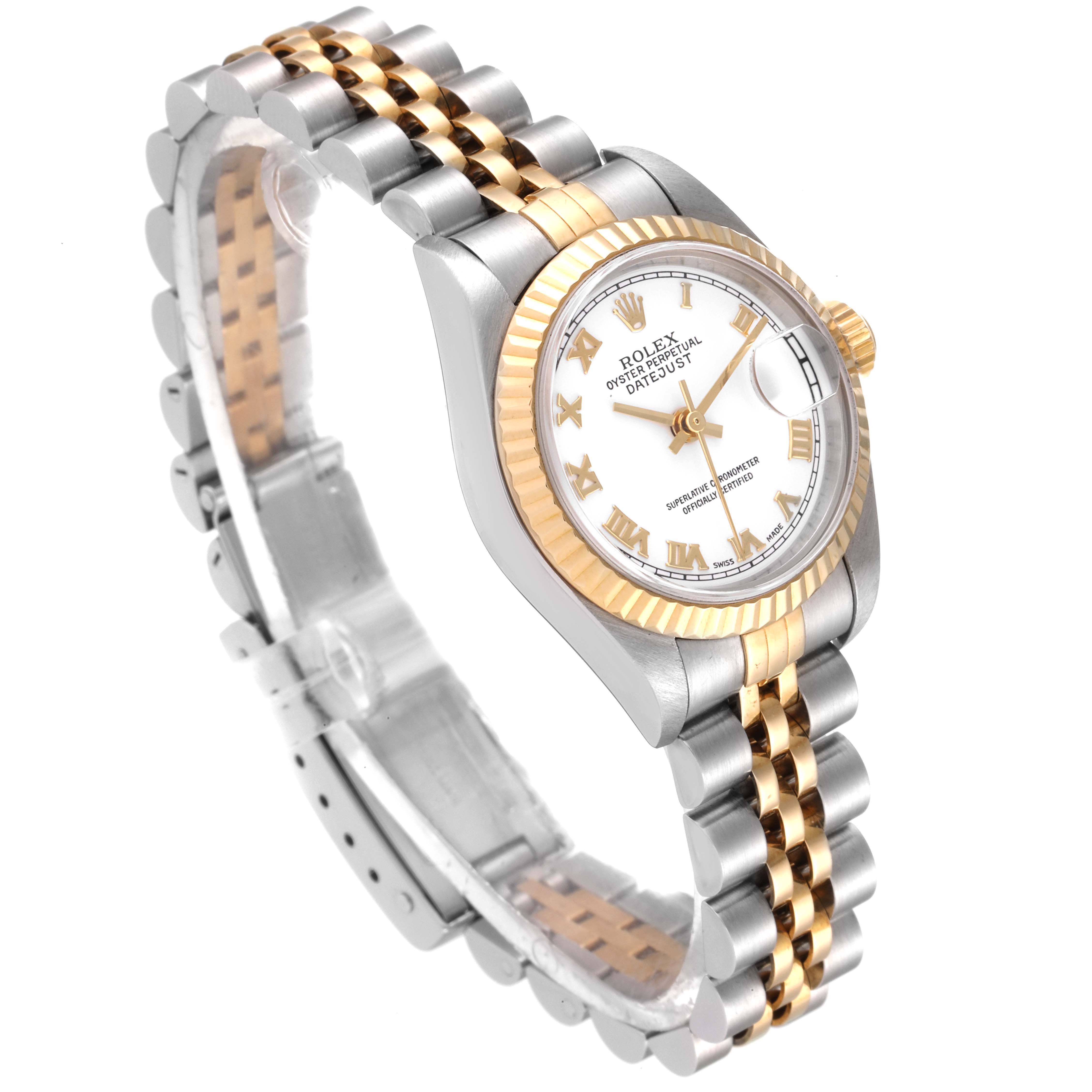 This Rolex Datejust 79173 Women's Steel and Gold (two tone) White Dial 79173 Women's Steel and Gold (two tone) White Dial watch is shown from an oblique angle highlighting the dial, case, and two-tone bracelet.