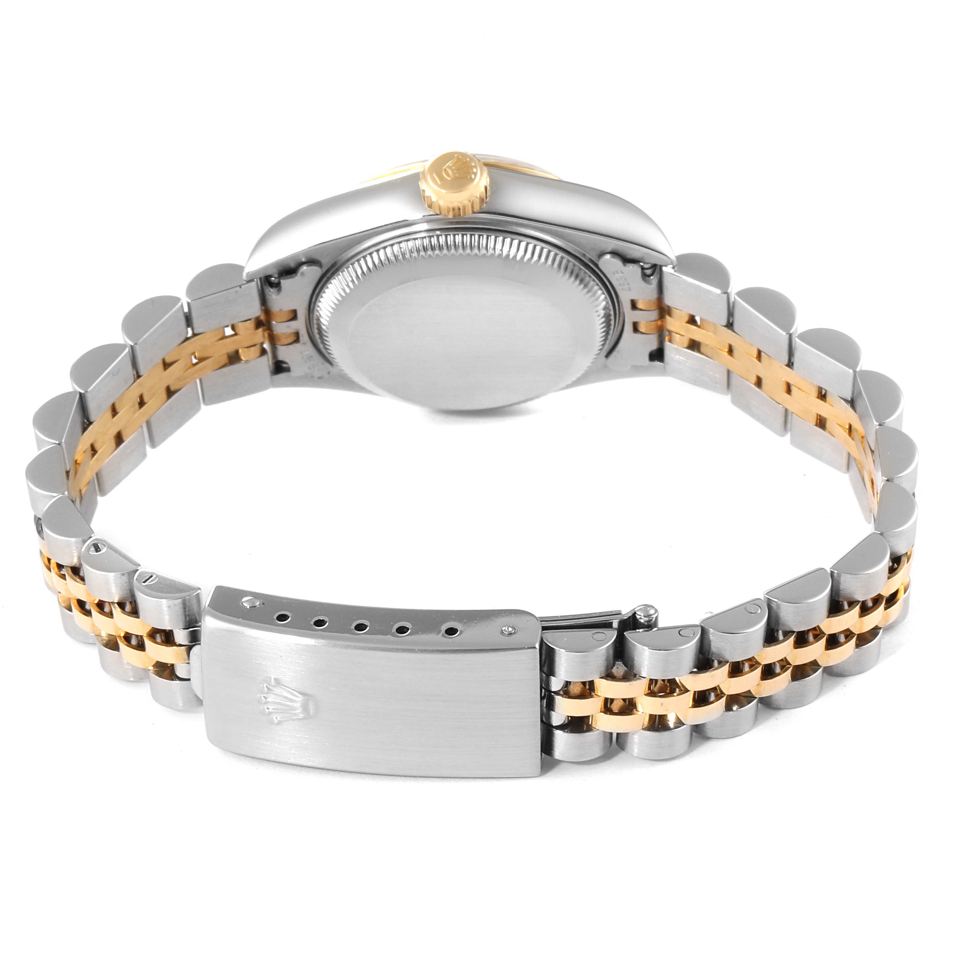 The image shows the back case and bracelet of a Rolex Datejust 79173 Women's Steel and Gold (two tone) White Dial 79173 Women's Steel and Gold (two tone) White Dial watch, highlighting its two-tone metal design.