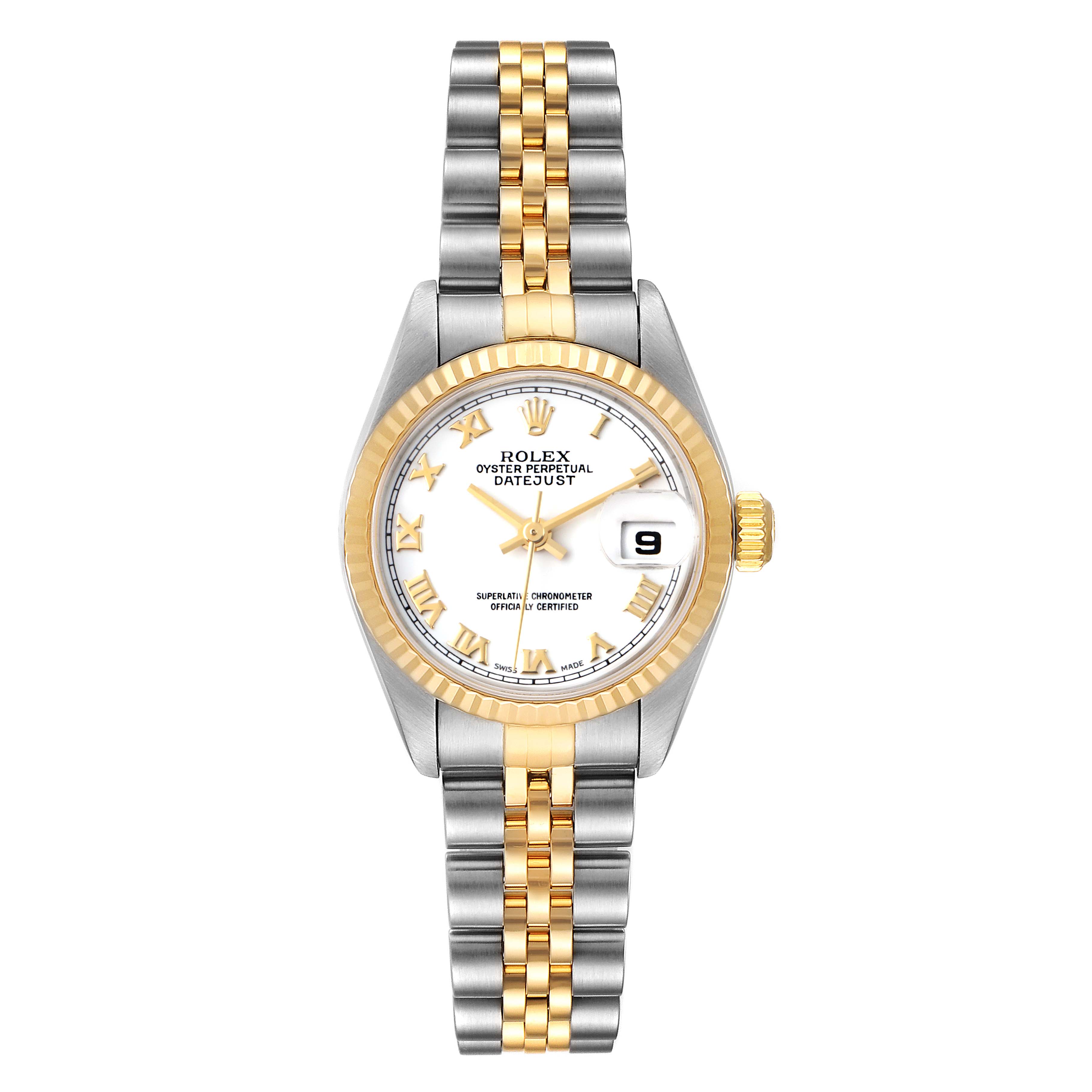 This Rolex Datejust 79173 Women's Steel and Gold (two tone) White Dial 79173 Women's Steel and Gold (two tone) White Dial watch is shown from a frontal angle, displaying its face, bezel, and Jubilee bracelet.