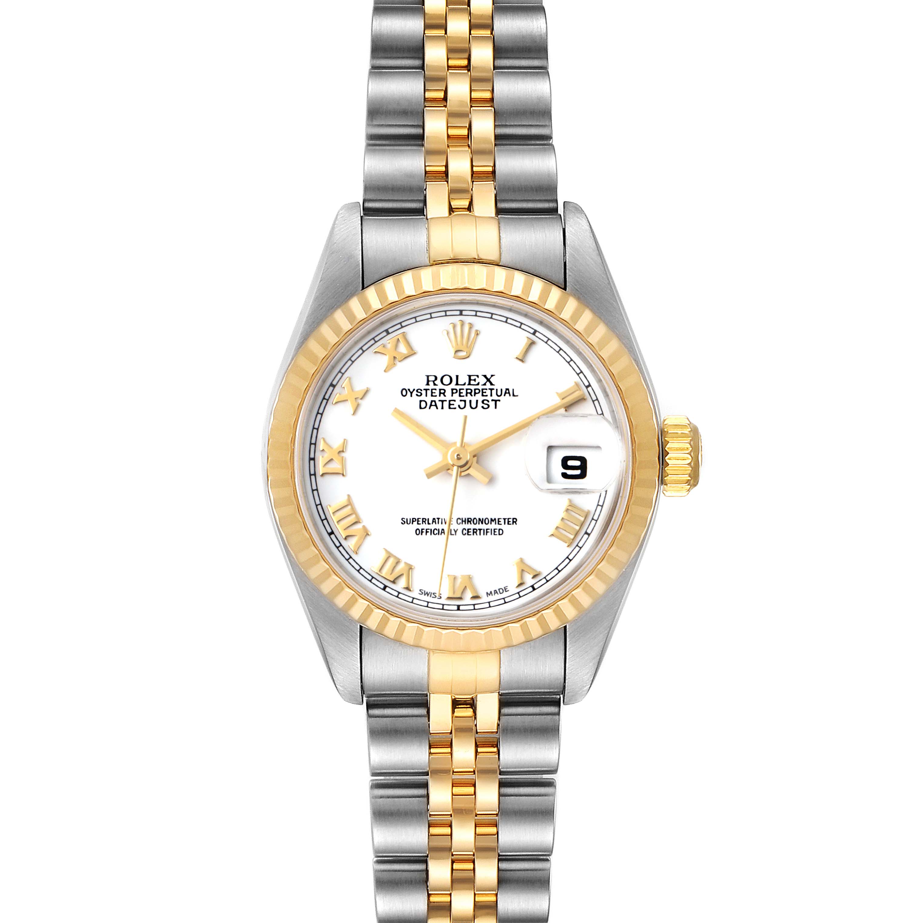 This image shows a frontal view of a Rolex Datejust 79173 Women's Steel and Gold (two tone) White Dial 79173 Women's Steel and Gold (two tone) White Dial watch featuring a two-tone bracelet and a white dial with a date display.