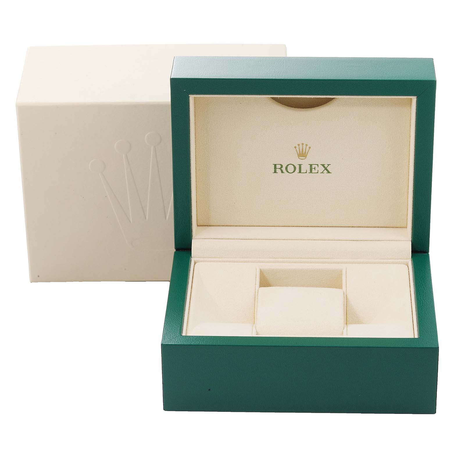 The image shows an open green and beige Rolex Datejust 279173 Women's Steel and Gold (two tone) Champagne Dial 279173 Women's Steel and Gold (two tone) Champagne Dial watch box with the Rolex logo inside.