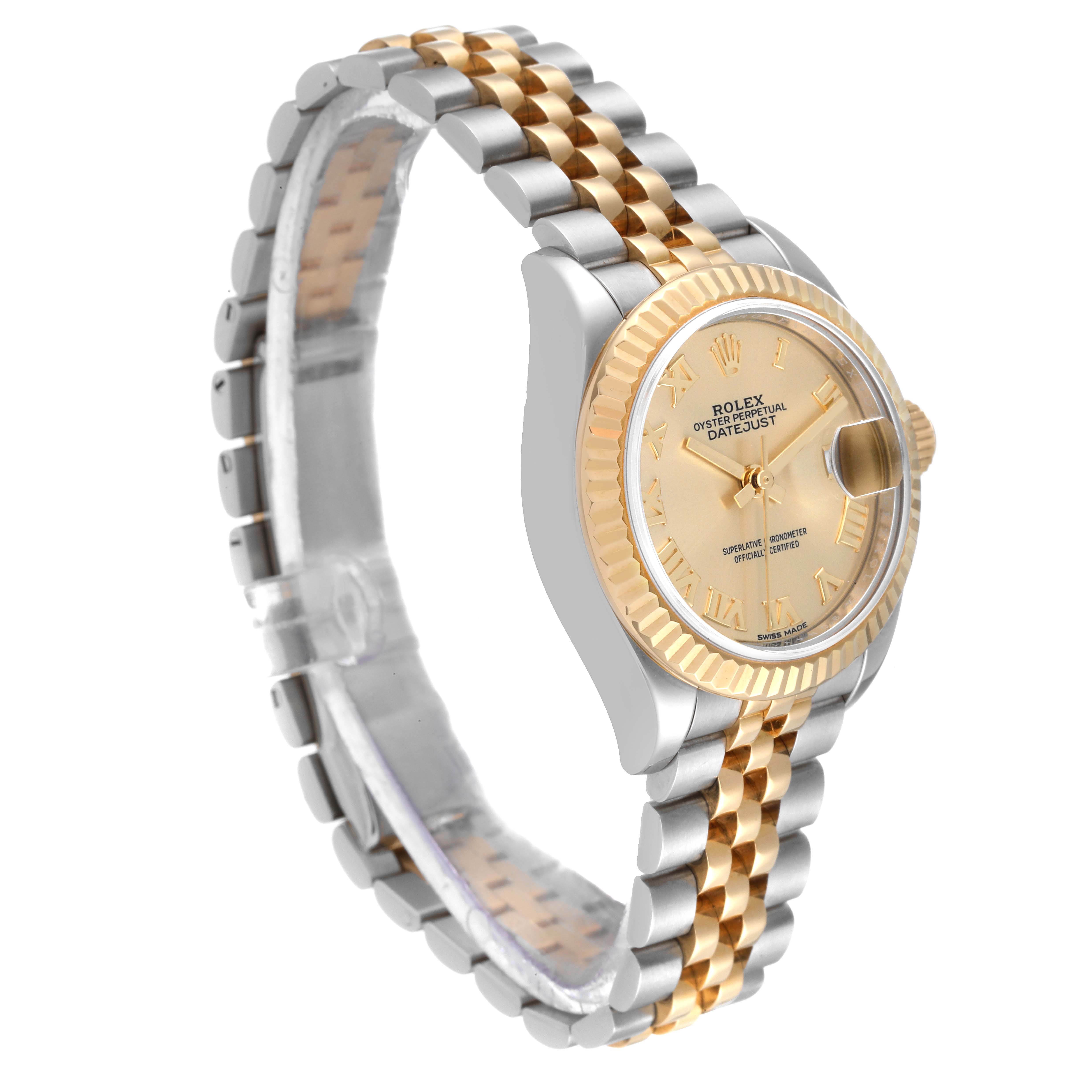The Rolex Datejust 279173 Women's Steel and Gold (two tone) Champagne Dial 279173 Women's Steel and Gold (two tone) Champagne Dial watch is shown at a slight angle, highlighting its gold and silver bracelet, dial, and fluted bezel.