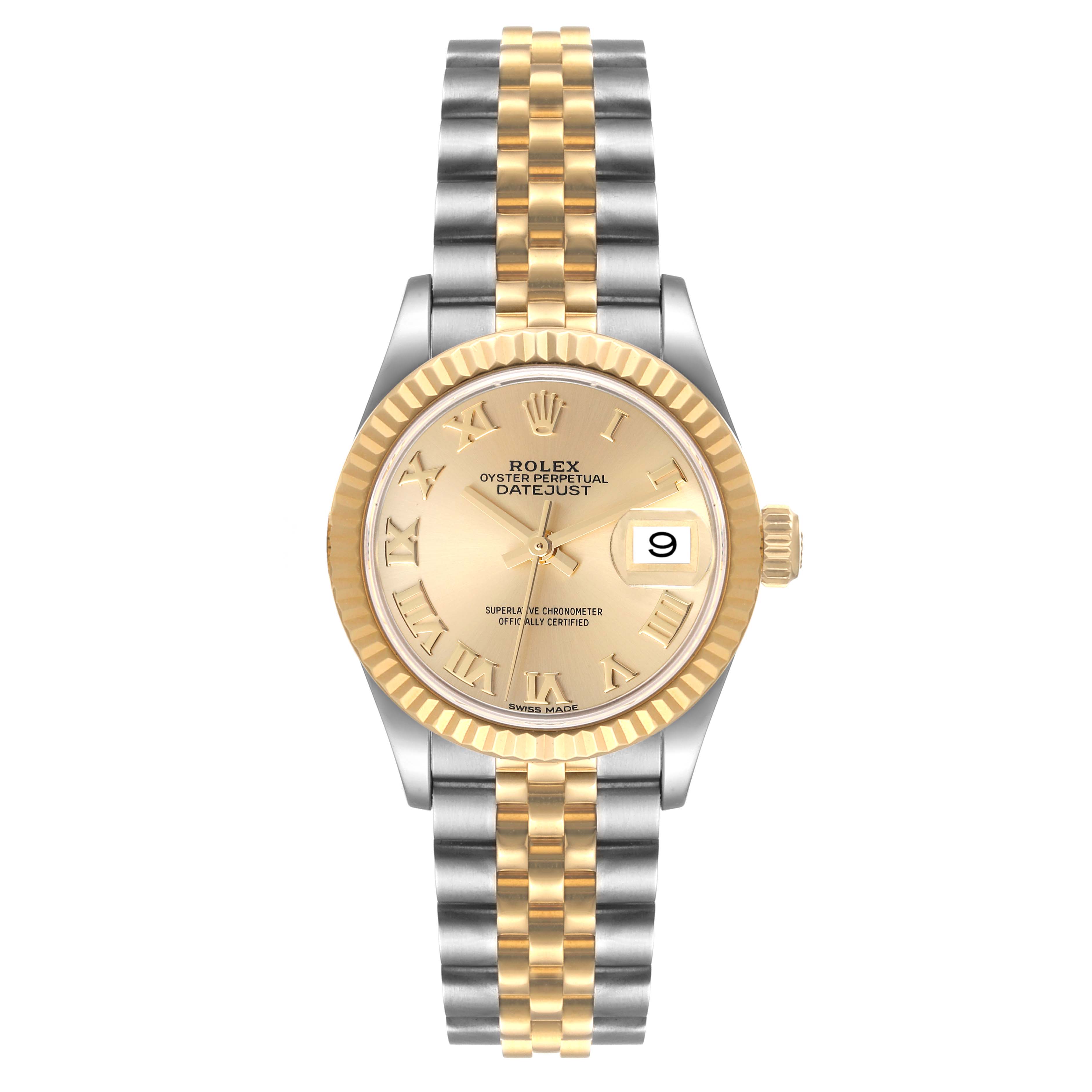 This image shows a front view of a Rolex Datejust 279173 Women's Steel and Gold (two tone) Champagne Dial 279173 Women's Steel and Gold (two tone) Champagne Dial watch with a two-tone bracelet and a fluted bezel.
