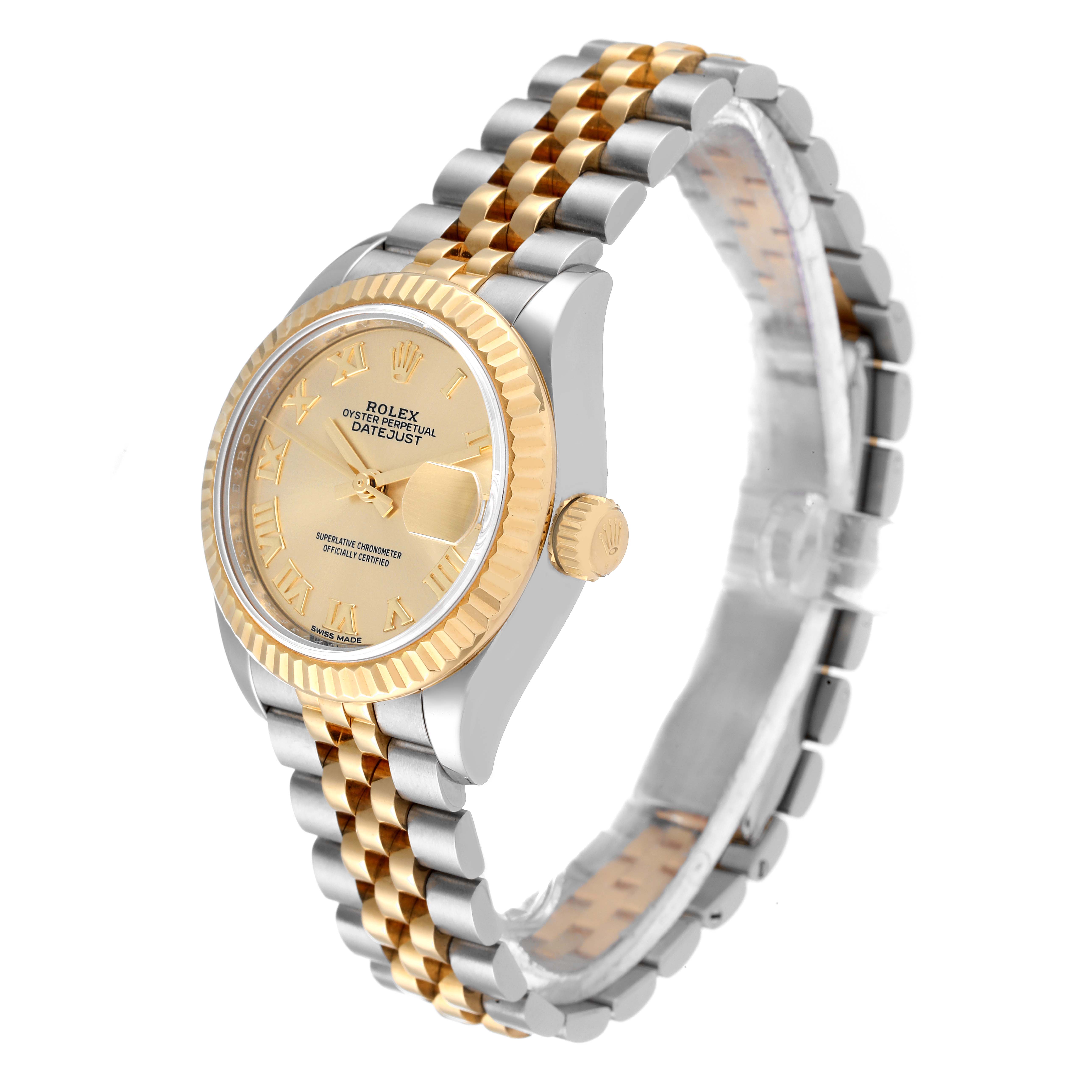 The image shows a Rolex Datejust 279173 Women's Steel and Gold (two tone) Champagne Dial 279173 Women's Steel and Gold (two tone) Champagne Dial watch at a slight angle, highlighting its gold and silver Jubilee bracelet and gold face.