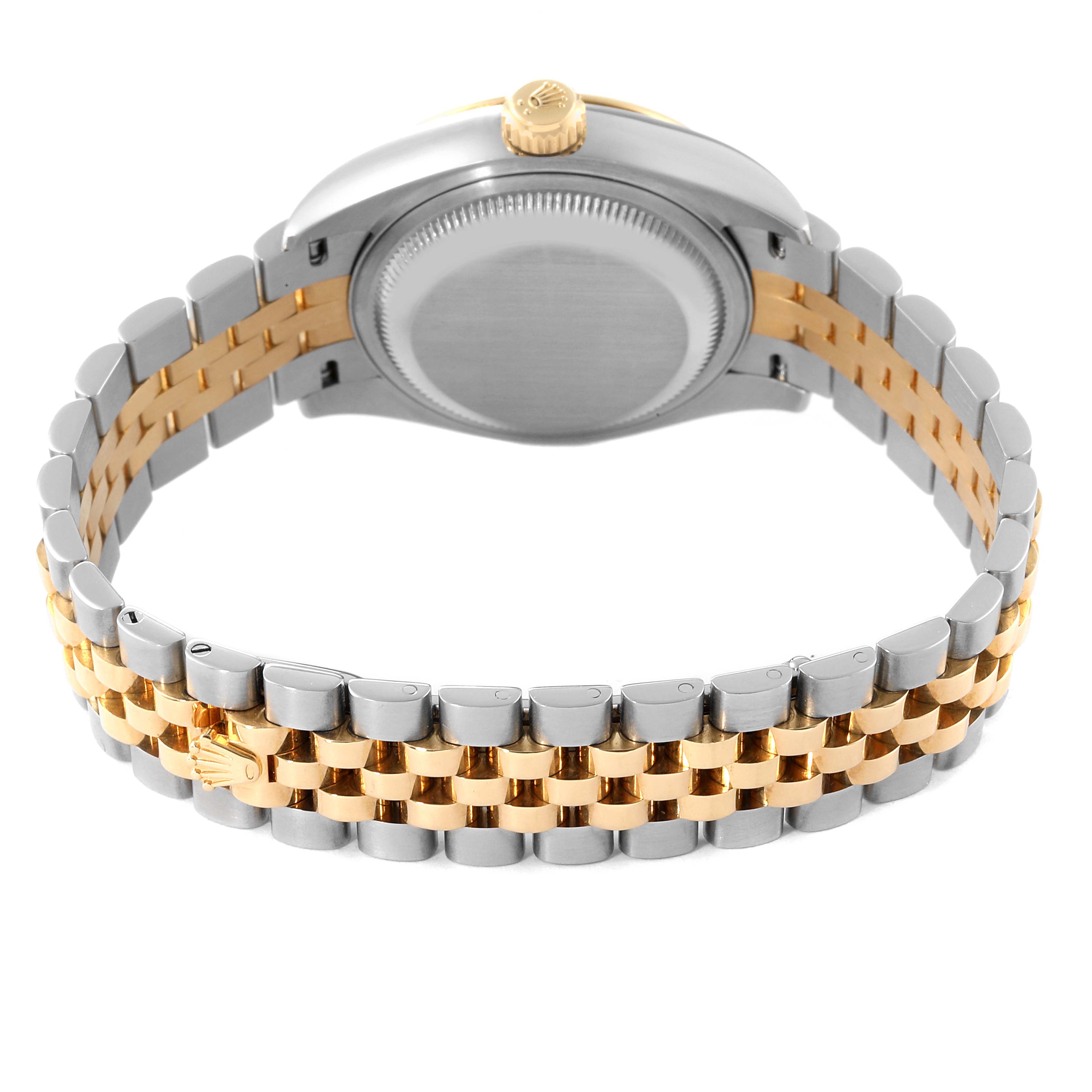 This image shows the back view of a Rolex Datejust 279173 Women's Steel and Gold (two tone) Champagne Dial 279173 Women's Steel and Gold (two tone) Champagne Dial watch, highlighting the bracelet and the case back.