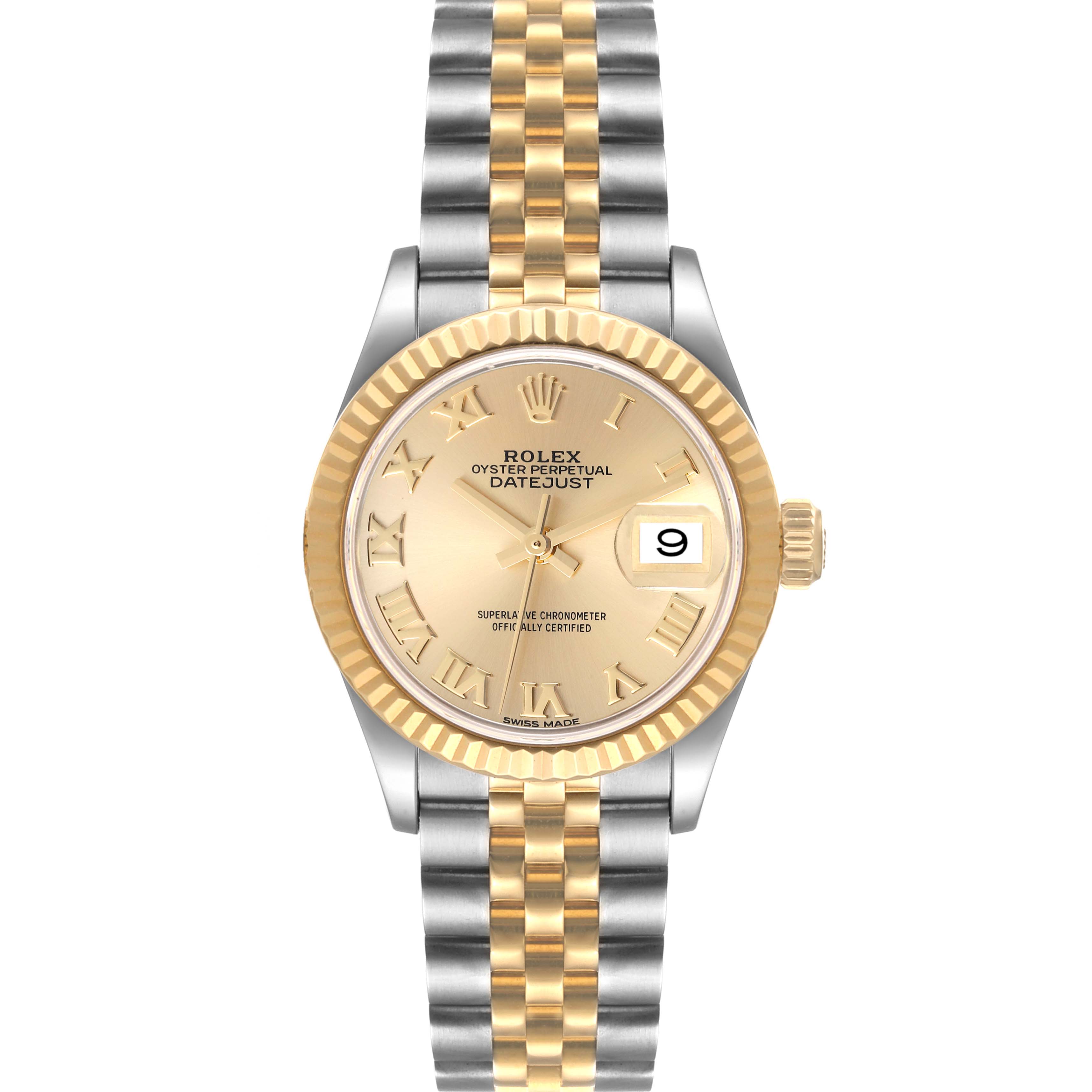 This image shows a front view of the Rolex Datejust 279173 Women's Steel and Gold (two tone) Champagne Dial 279173 Women's Steel and Gold (two tone) Champagne Dial watch, displaying its face, fluted bezel, and two-tone bracelet.