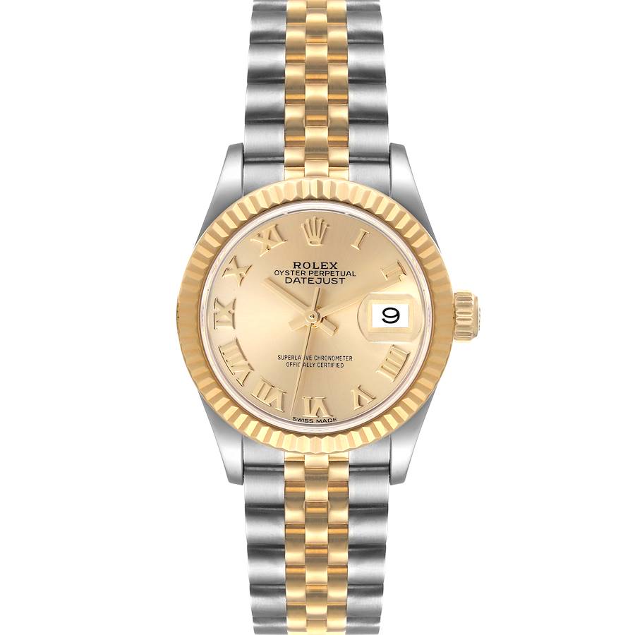 This image shows a front view of the Rolex Datejust watch, displaying its face, fluted bezel, and two-tone bracelet.