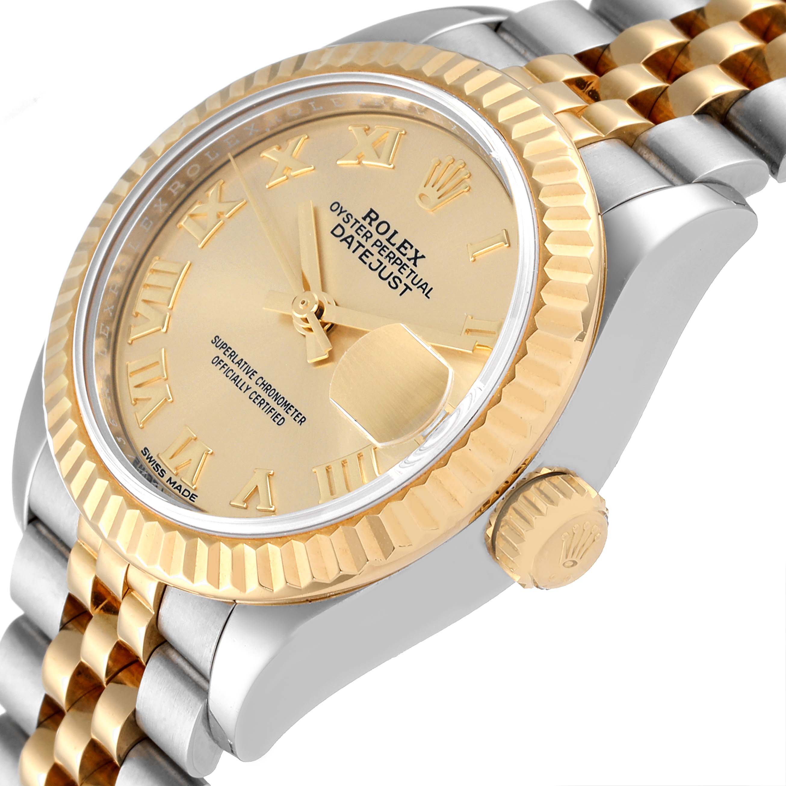 The Rolex Datejust 279173 Women's Steel and Gold (two tone) Champagne Dial 279173 Women's Steel and Gold (two tone) Champagne Dial watch is shown at a slight angle, highlighting the dial, bezel, and part of the bracelet.