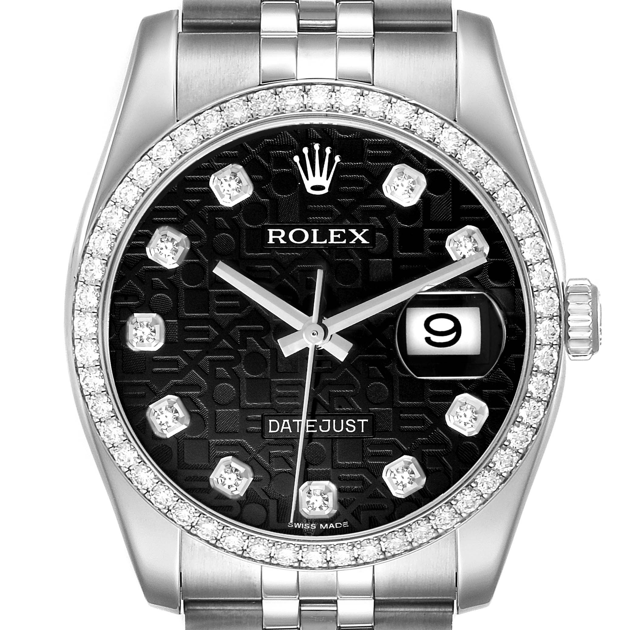 This image shows a front view of the Rolex Datejust 116244 Men's Stainless Steel Black Dial 116244 Men's Stainless Steel Black Dial watch, highlighting its dial, bezel, and part of the bracelet.