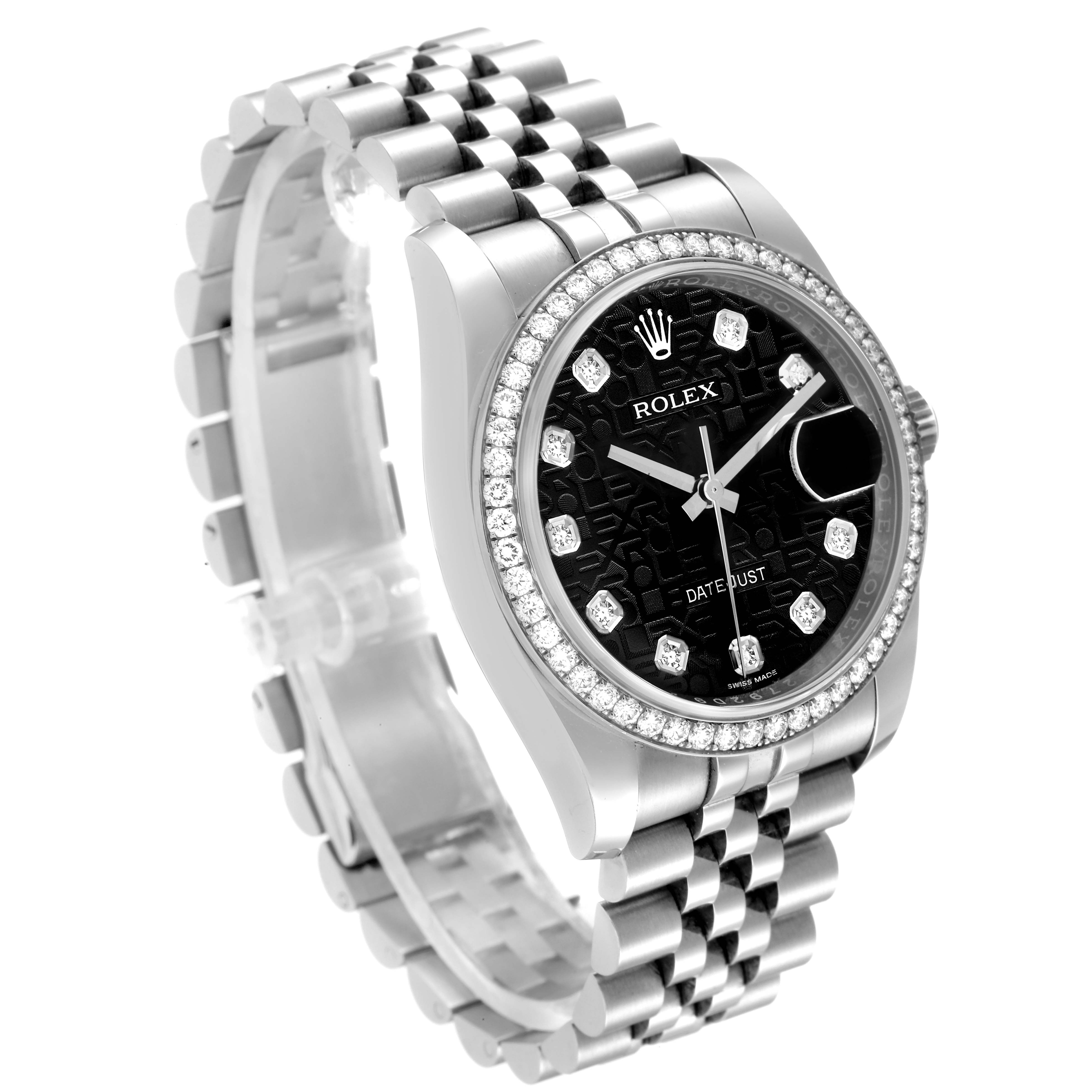 The image shows a Rolex Datejust 116244 Men's Stainless Steel Black Dial 116244 Men's Stainless Steel Black Dial watch at a three-quarter angle, highlighting the bracelet, black dial, and diamond bezel.