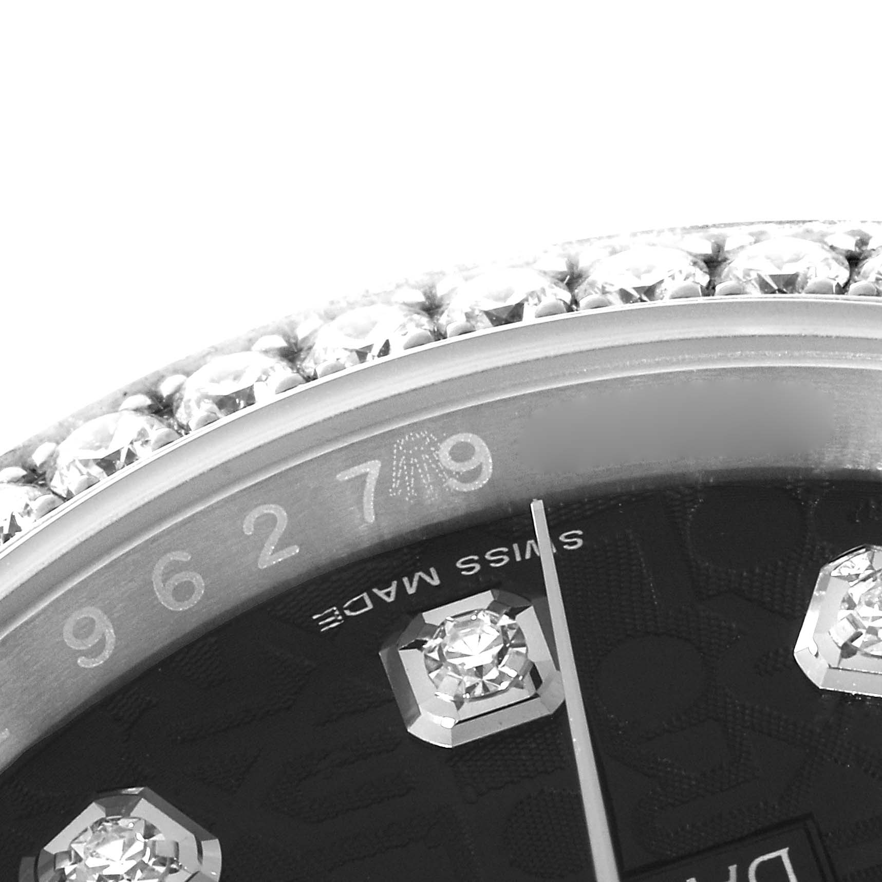 This image shows a macro view of the bezel and part of the dial of a Rolex Datejust 116244 Men's Stainless Steel Black Dial 116244 Men's Stainless Steel Black Dial watch, with diamonds visible on the bezel.