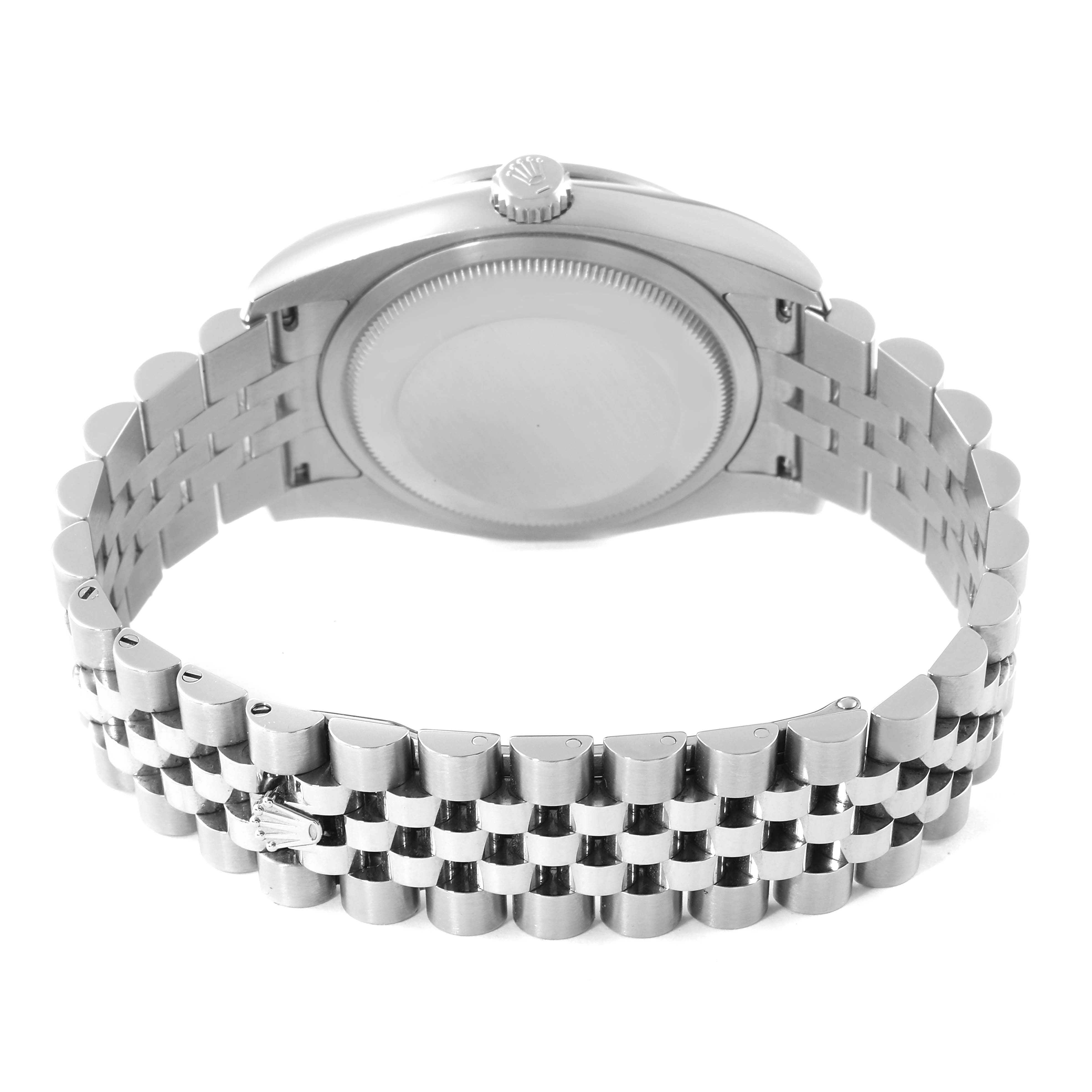 The image shows a Rolex Datejust 116244 Men's Stainless Steel Black Dial 116244 Men's Stainless Steel Black Dial watch from the back, featuring the case back and partially folded Jubilee bracelet.