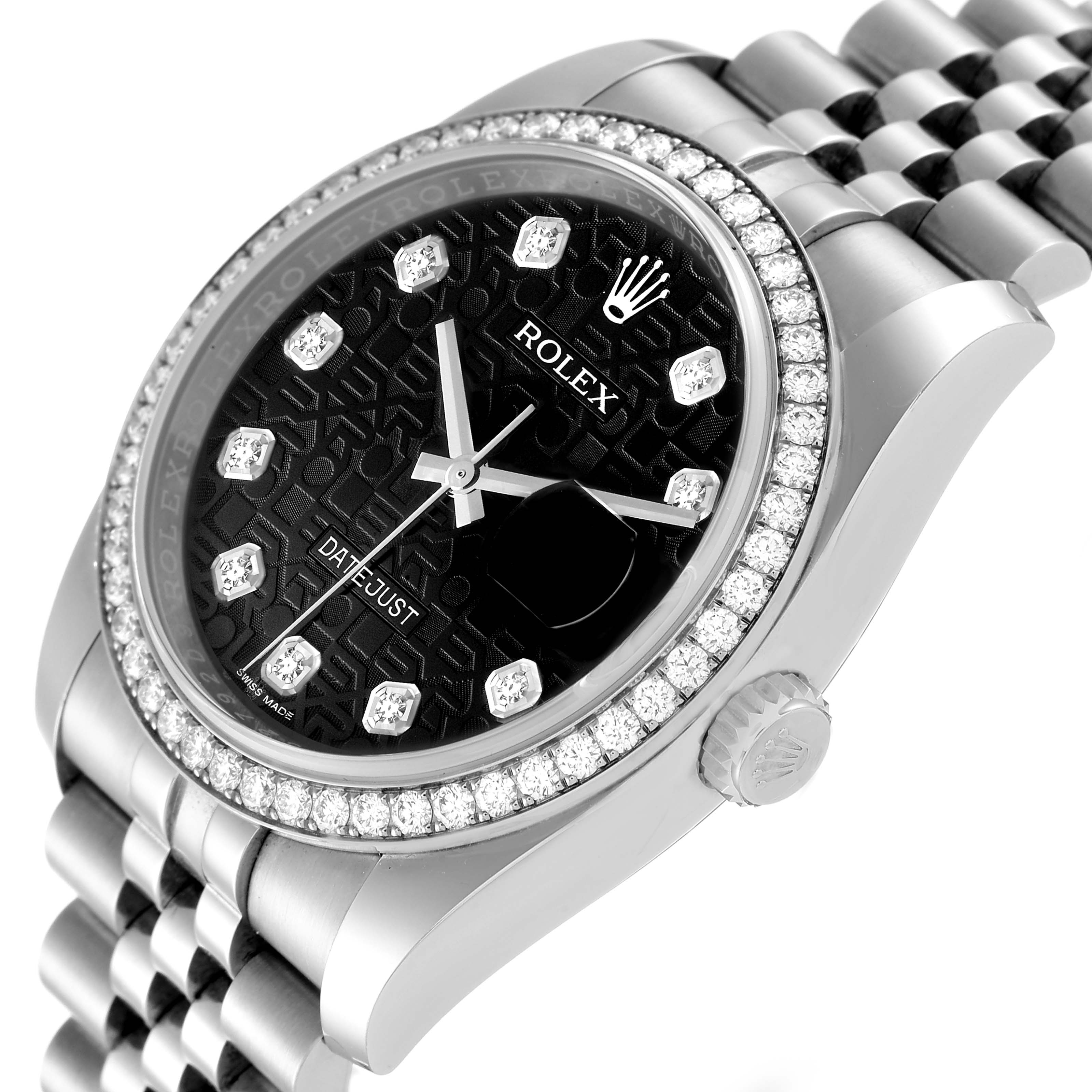 The Rolex Datejust 116244 Men's Stainless Steel Black Dial 116244 Men's Stainless Steel Black Dial watch is shown at an angle displaying the face, bezel, crown, and part of the bracelet.