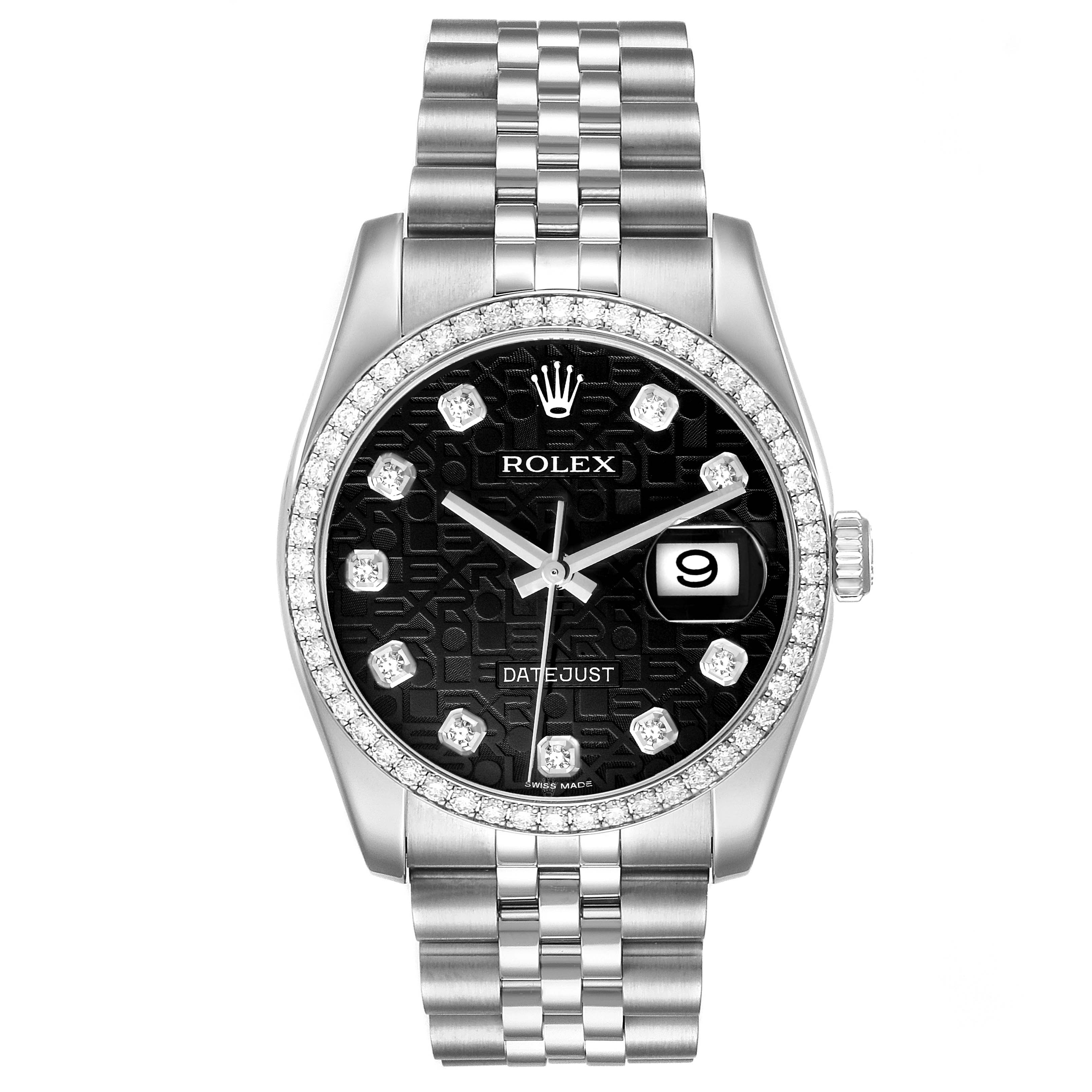 This image shows a frontal view of a Rolex Datejust 116244 Men's Stainless Steel Black Dial 116244 Men's Stainless Steel Black Dial watch with a black dial, diamond hour markers, and a Jubilee bracelet.