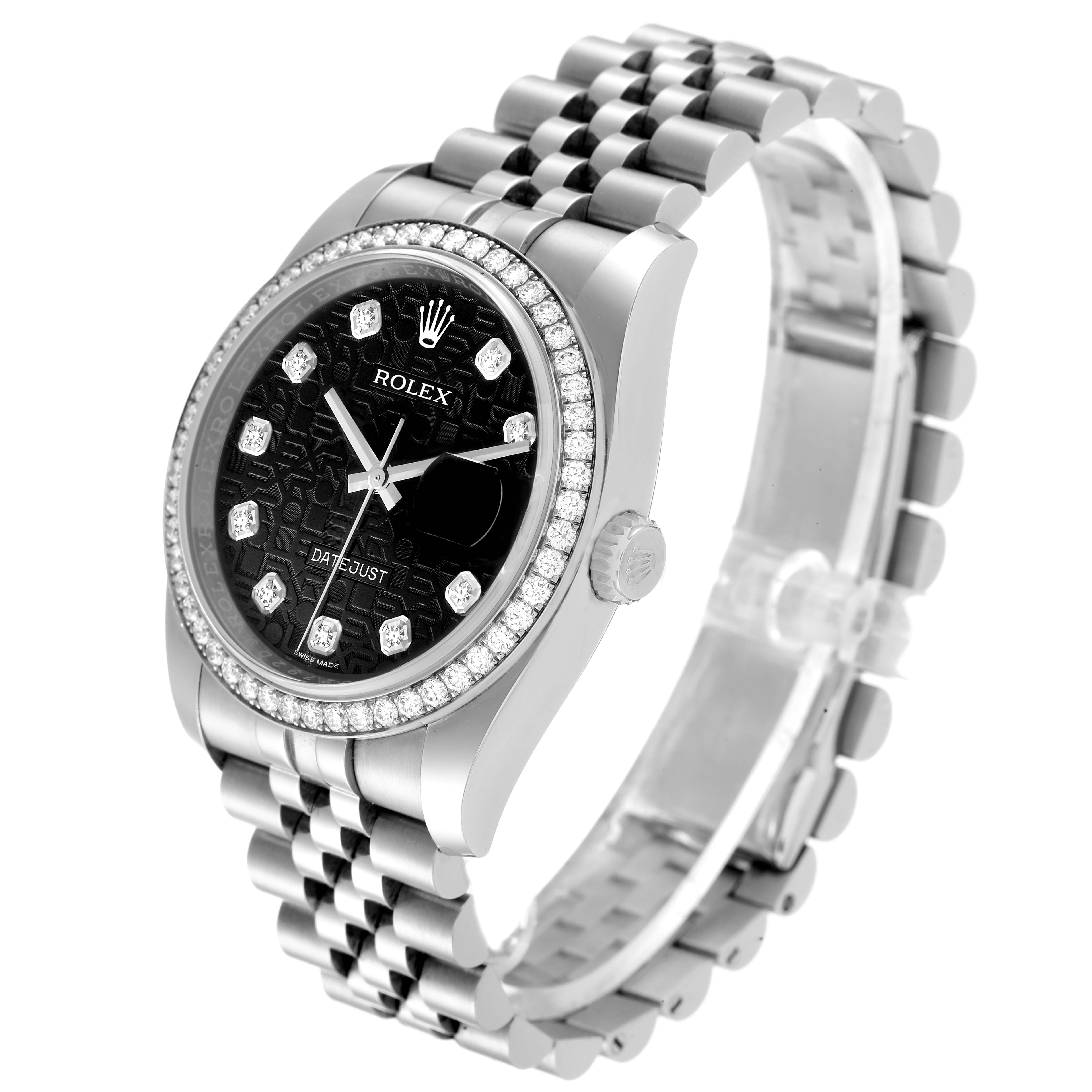 The Rolex Datejust 116244 Men's Stainless Steel Black Dial 116244 Men's Stainless Steel Black Dial watch is shown at a three-quarter angle, highlighting the face, bezel, and bracelet.