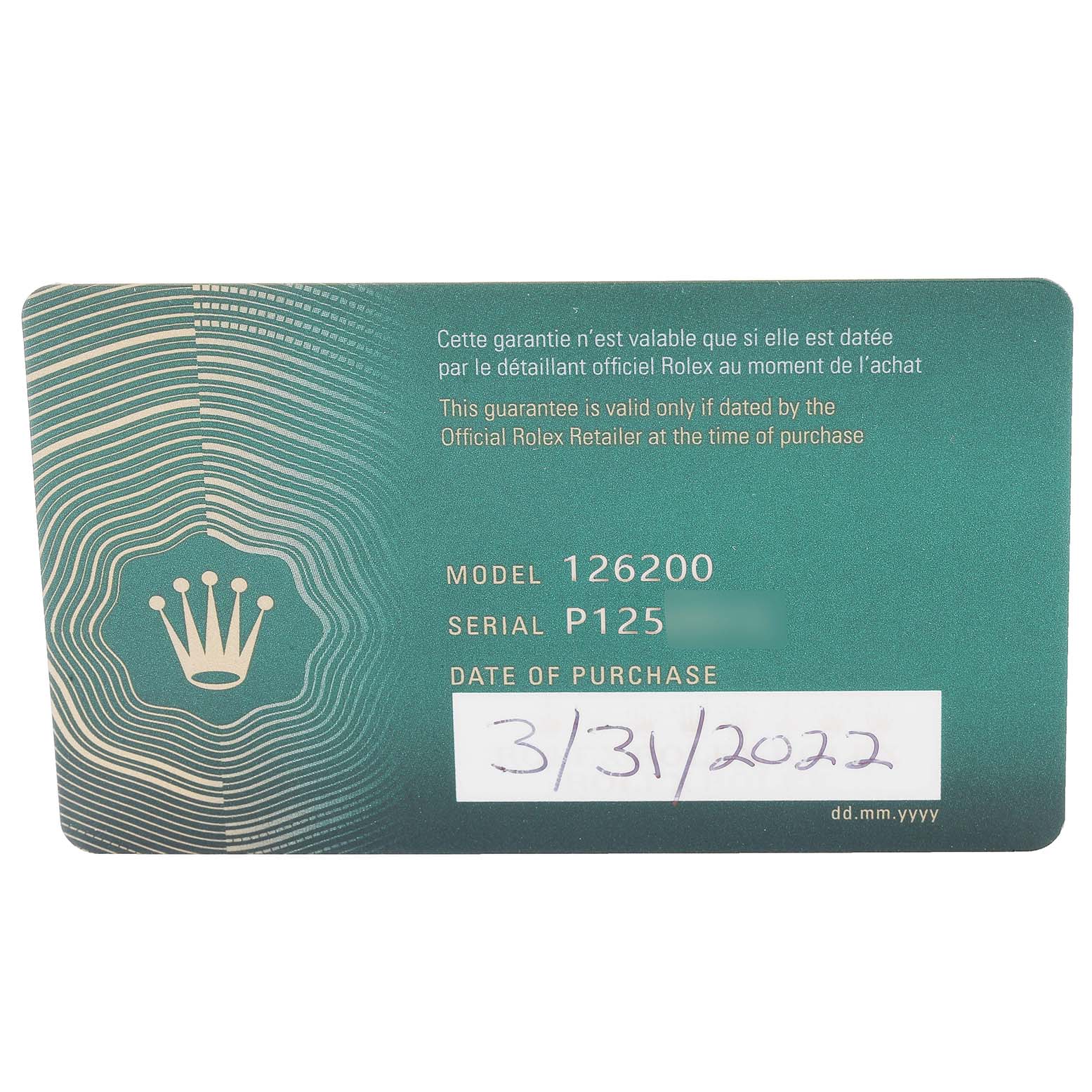 The image shows a warranty card for a Rolex Datejust 126200 Men's Stainless Steel Grey Dial 126200 Men's Stainless Steel Grey Dial model 126200, including the serial number and date of purchase.