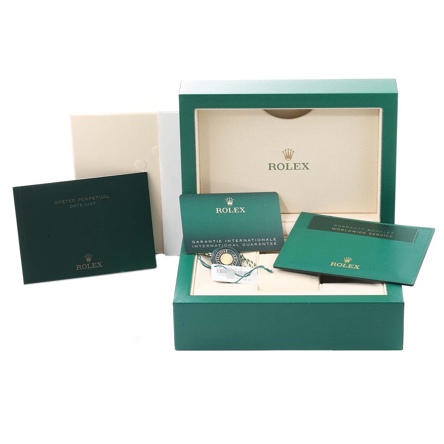 The image shows the packaging and accessories of a Rolex Datejust 126200 Men's Stainless Steel Grey Dial 126200 Men's Stainless Steel Grey Dial watch, including manuals, warranty cards, and the watch box.