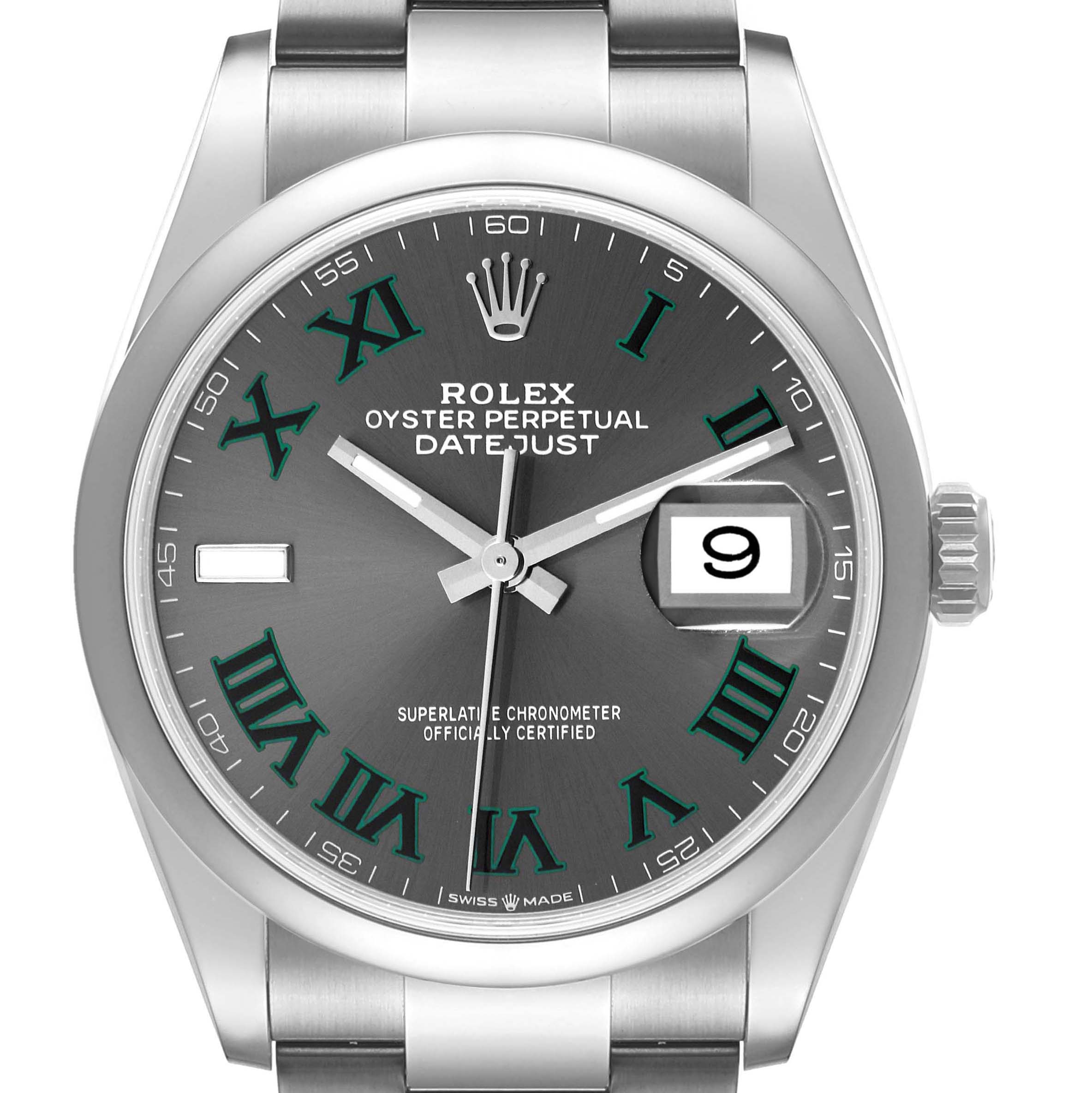 The image shows a close-up of the dial, crown, and part of the bracelet of a Rolex Datejust 126200 Men's Stainless Steel Grey Dial 126200 Men's Stainless Steel Grey Dial watch.