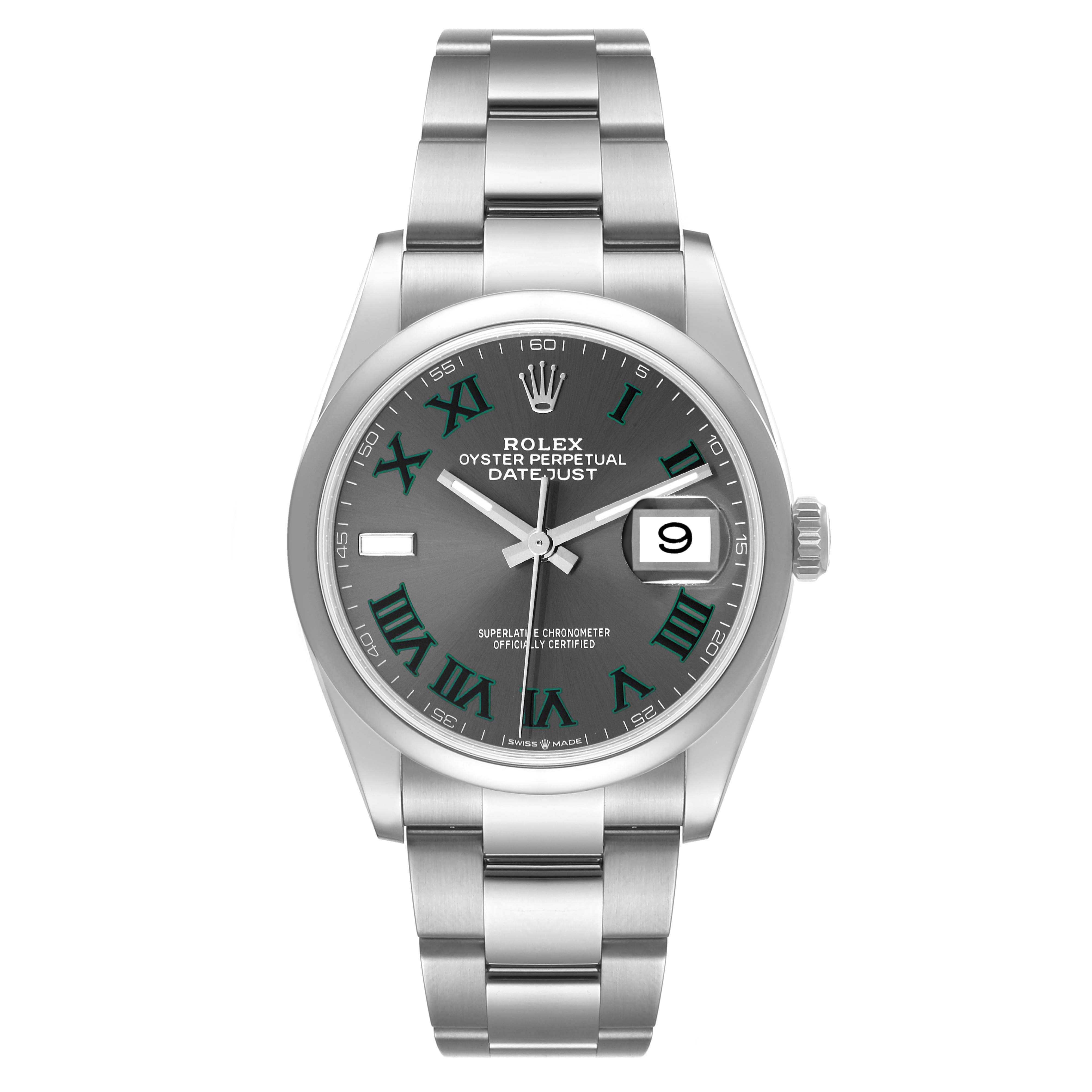 The image shows a front view of a Rolex Datejust 126200 Men's Stainless Steel Grey Dial 126200 Men's Stainless Steel Grey Dial watch, highlighting its dial, bezel, and bracelet.