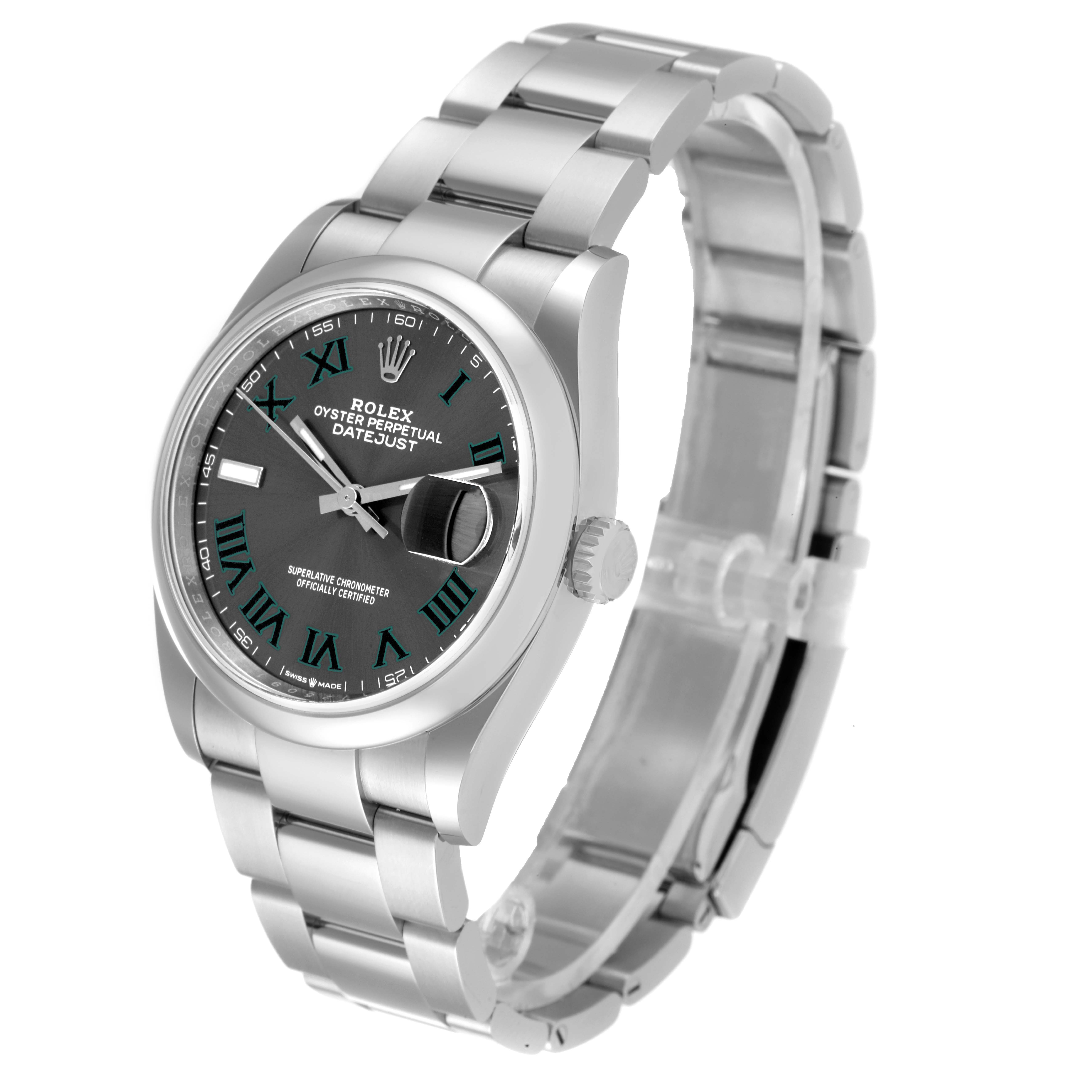 The Rolex Datejust 126200 Men's Stainless Steel Grey Dial 126200 Men's Stainless Steel Grey Dial watch is shown at an angle displaying its face, bezel, bracelet, and crown.